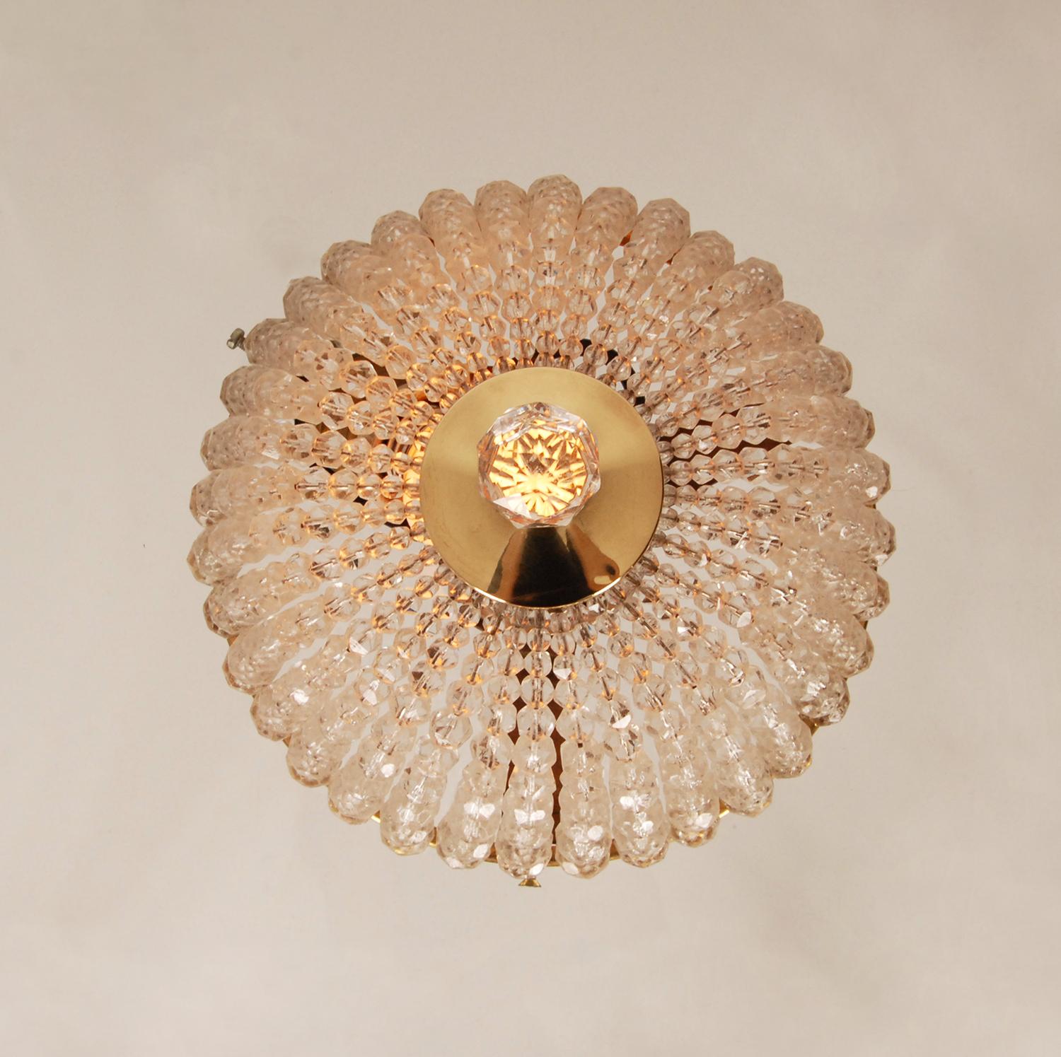 Art Deco Crystal and Gold Gilt Brass Flush Mount Ceiling Fixture Crystal Beaded In Good Condition In Wommelgem, VAN