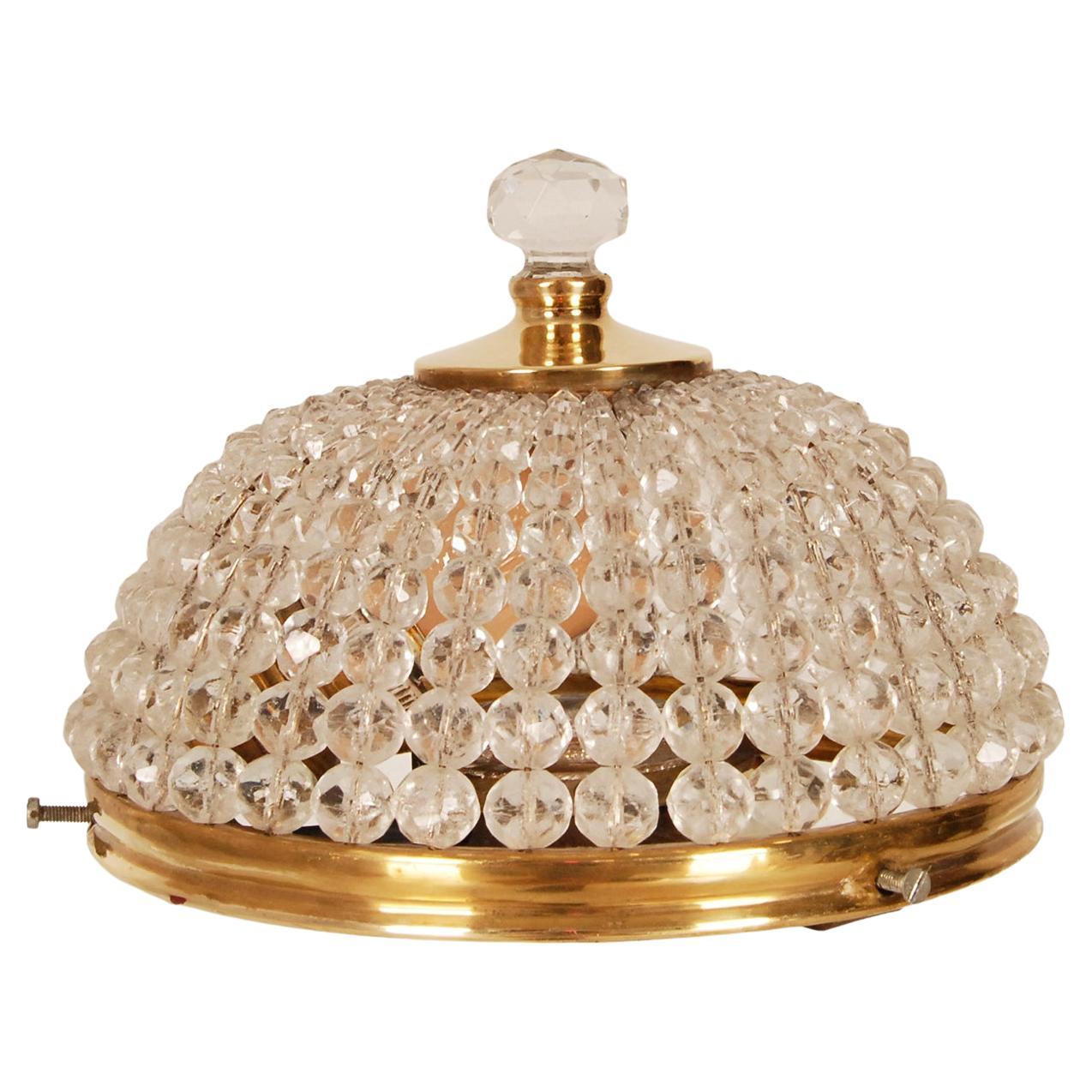 Art Deco Crystal and Gold Gilt Brass Flush Mount Ceiling Fixture Crystal Beaded For Sale