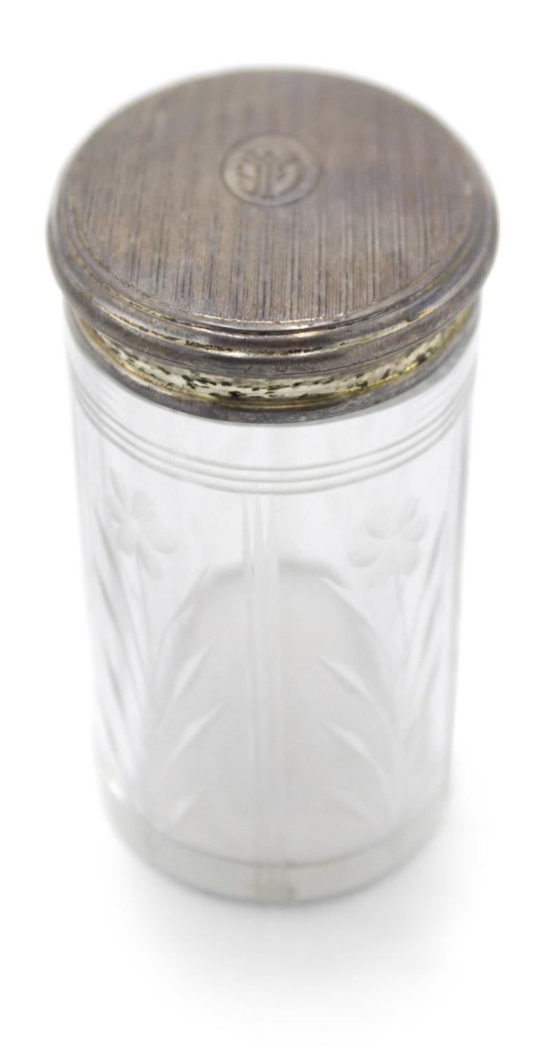 Boîte ovale en cristal Art Déco avec couvercle en argent avec initiales