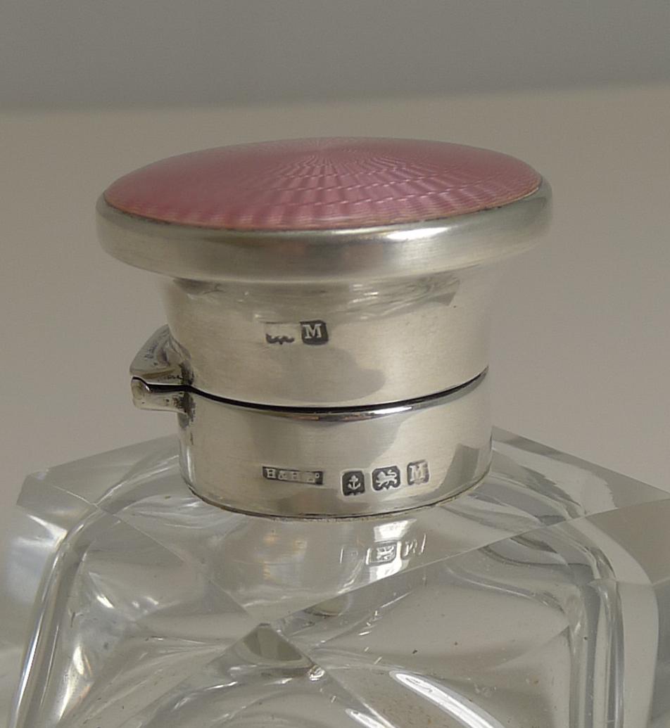 English Art Deco Crystal and Sterling Silver Perfume Bottle, Pink Guilloche Enamel
