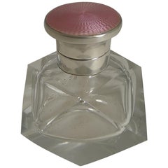 Art Deco Crystal and Sterling Silver Perfume Bottle, Pink Guilloche Enamel