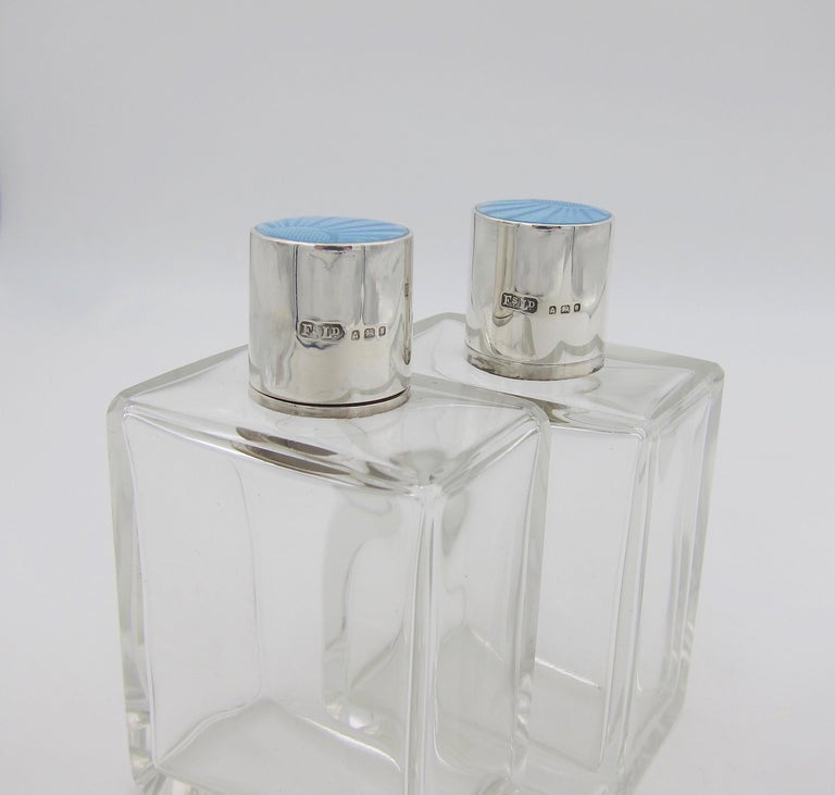 1936 English Art Deco Perfume Bottles with Sterling Silver and Blue Enamel Tops For Sale 6