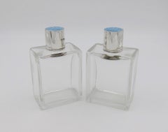 1936 English Art Deco Perfume Bottles with Sterling Silver and Blue Enamel Tops