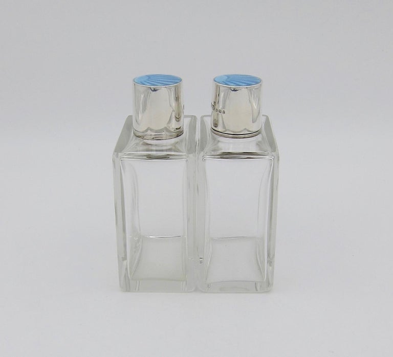 1936 English Art Deco Perfume Bottles with Sterling Silver and Blue Enamel Tops In Good Condition For Sale In Los Angeles, CA