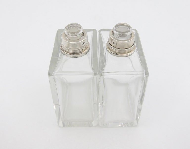 20th Century 1936 English Art Deco Perfume Bottles with Sterling Silver and Blue Enamel Tops For Sale