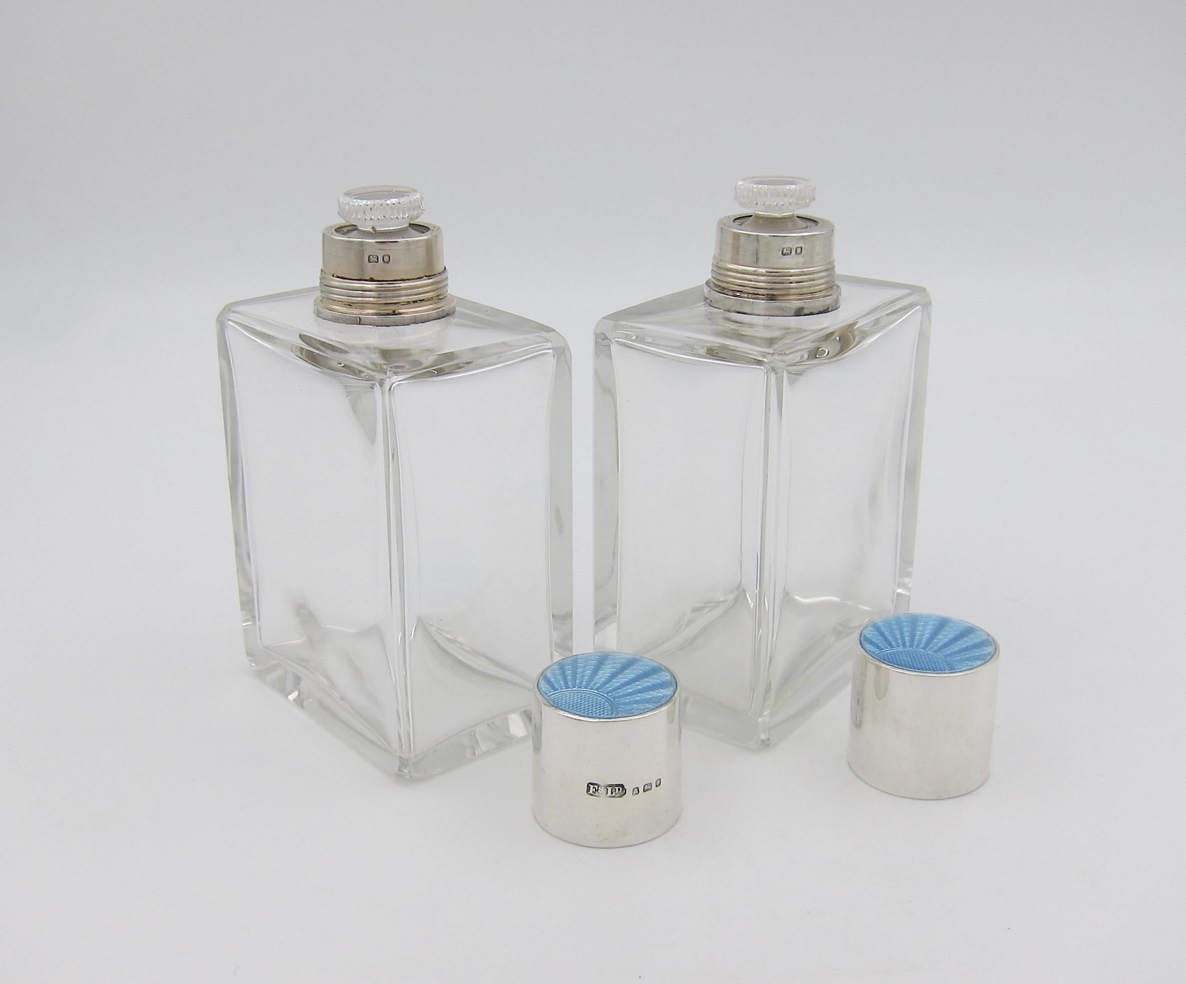 1936 English Art Deco Perfume Bottles with Sterling Silver and Blue Enamel Tops In Good Condition In Los Angeles, CA