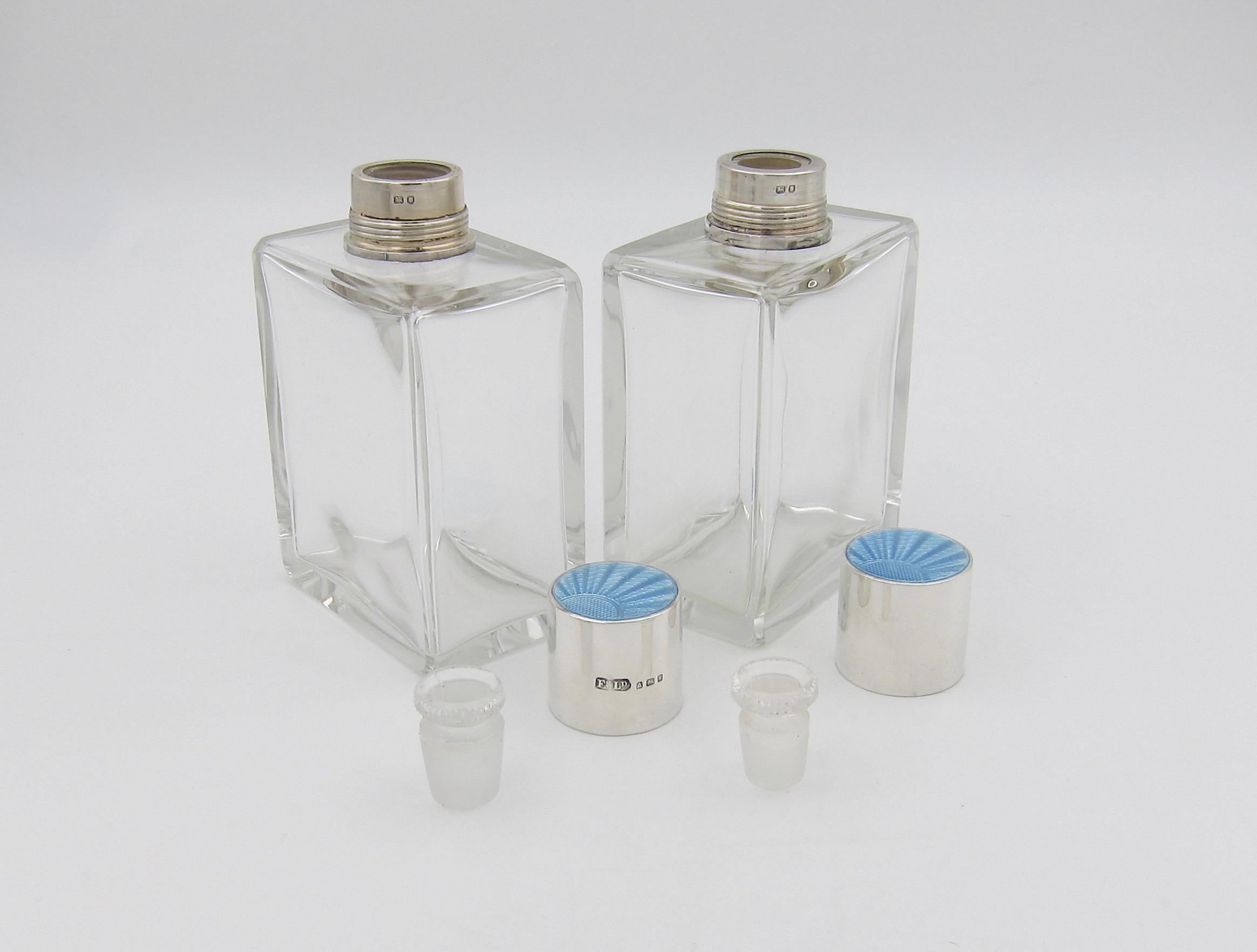 20th Century 1936 English Art Deco Perfume Bottles with Sterling Silver and Blue Enamel Tops