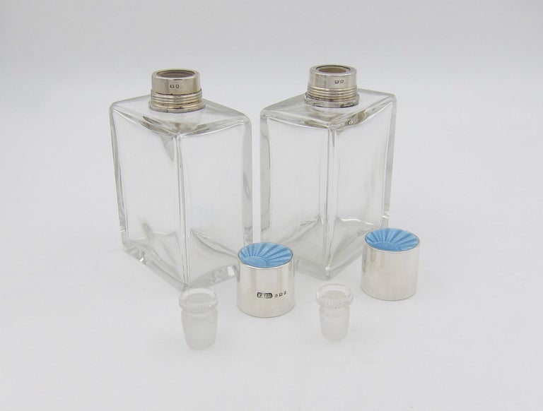 1936 English Art Deco Perfume Bottles with Sterling Silver and Blue Enamel Tops For Sale 1