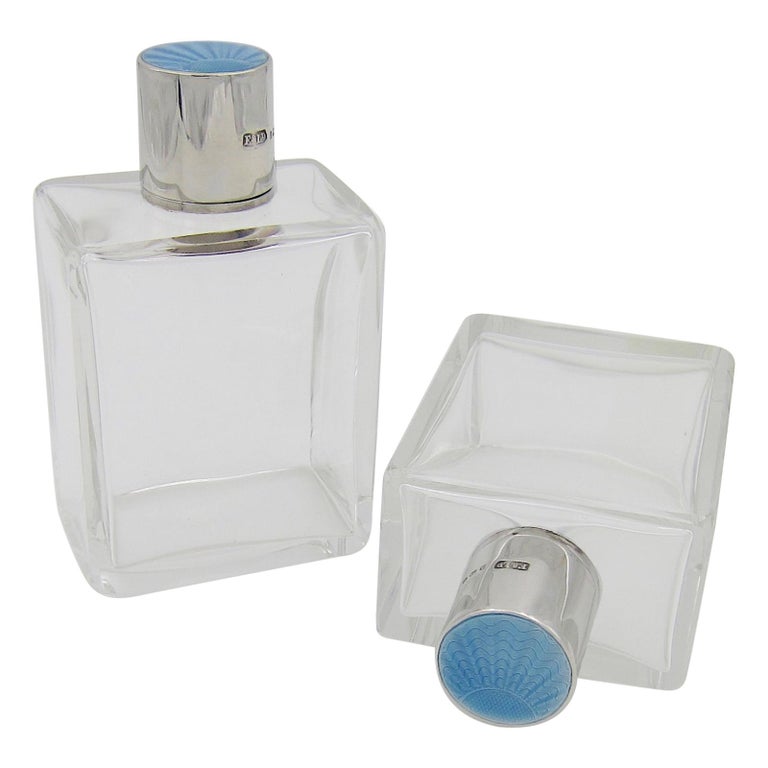 1936 English Art Deco Perfume Bottles with Sterling Silver and Blue Enamel Tops For Sale