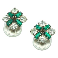 Art Deco Crystal Baguette Green and White Crystal Clip-on Earrings