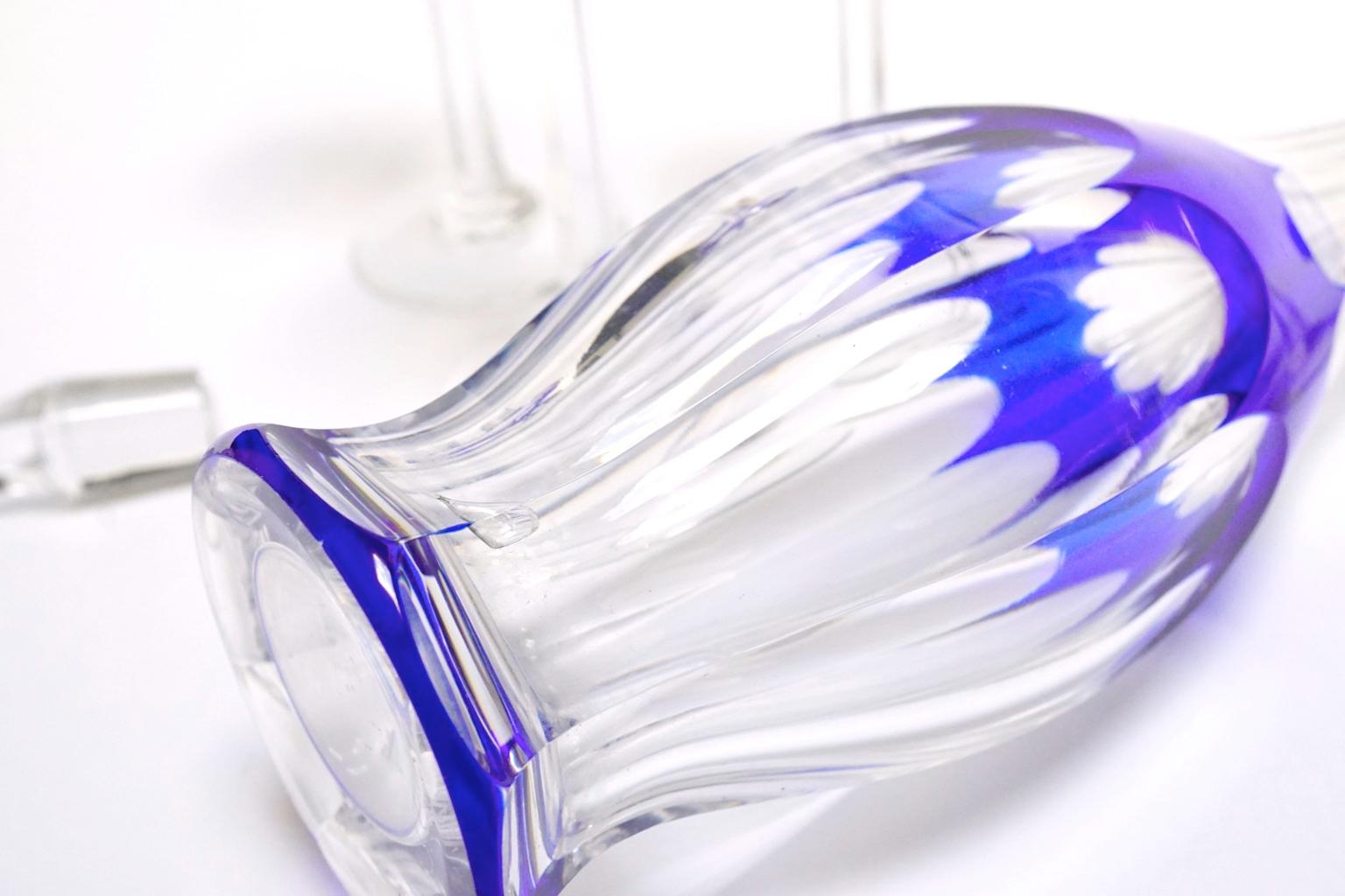 Art Deco Crystal Blue Liquor Service Decanter and Glasses 4