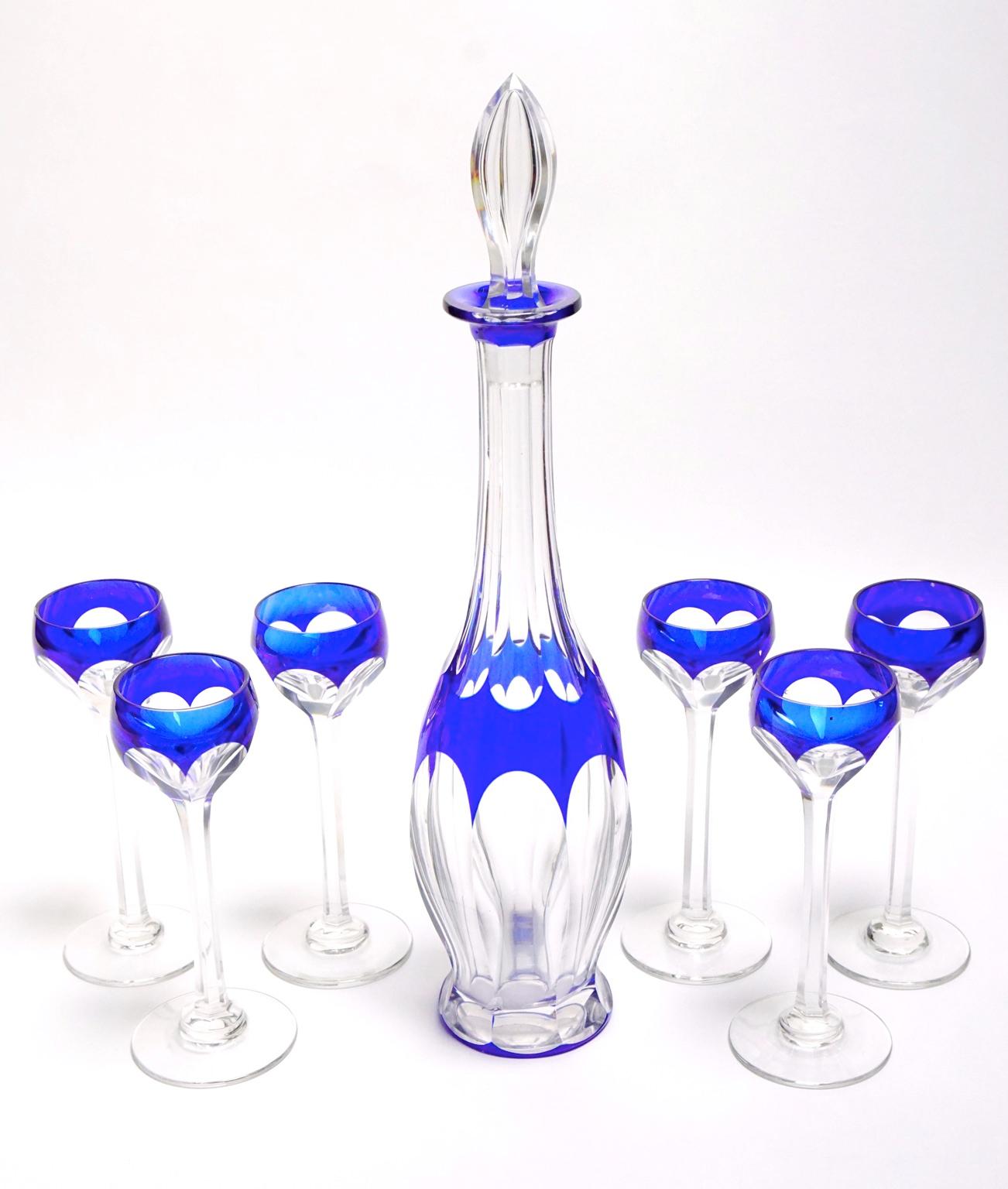 Art Deco Crystal Blue Liquor Service Decanter and Glasses 6