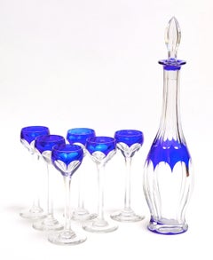 Art Deco Crystal Blue Liquor Service Decanter and Glasses