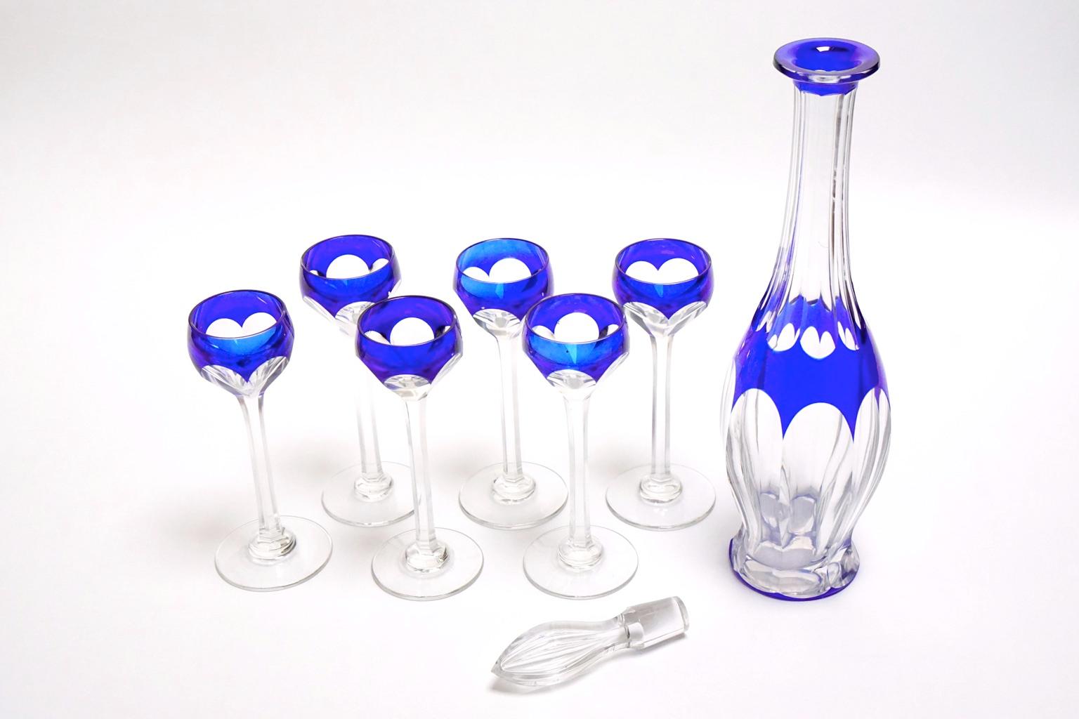 Belgian Art Deco Crystal Blue Liquor Service Decanter and Glasses
