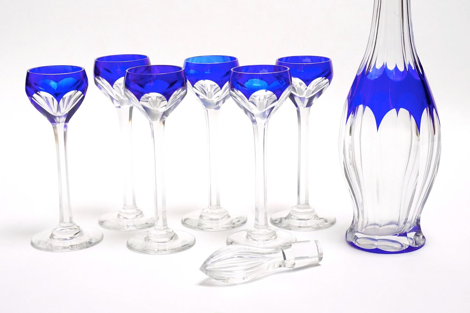 Mid-20th Century Art Deco Crystal Blue Liquor Service Decanter and Glasses