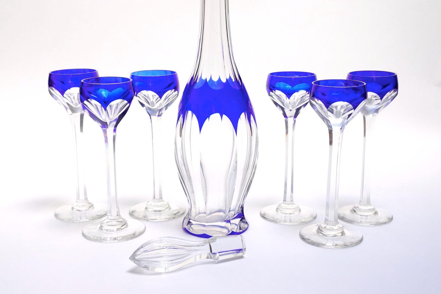 Art Deco Crystal Blue Liquor Service Decanter and Glasses 1