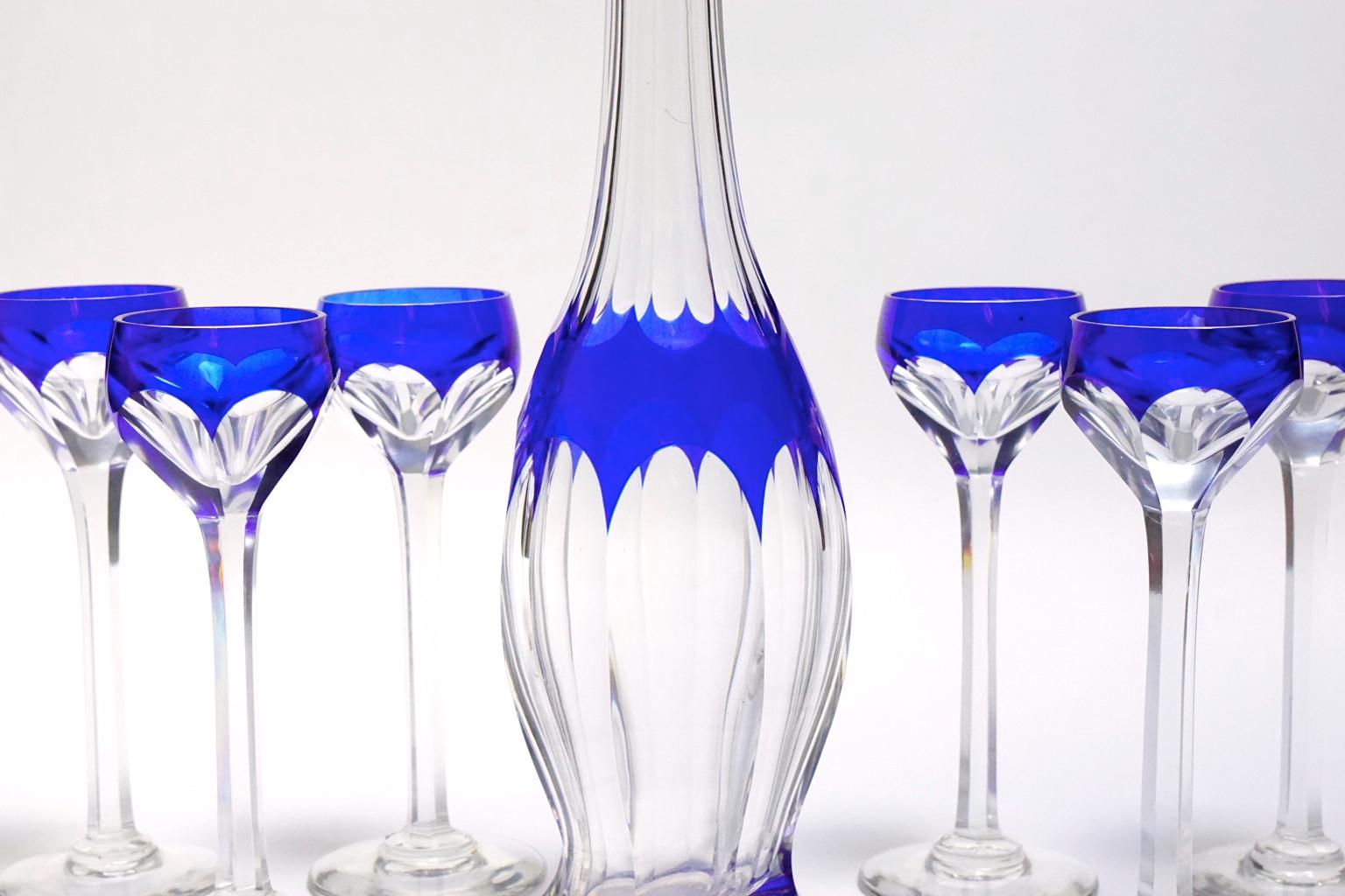 Art Deco Crystal Blue Liquor Service Decanter and Glasses 2