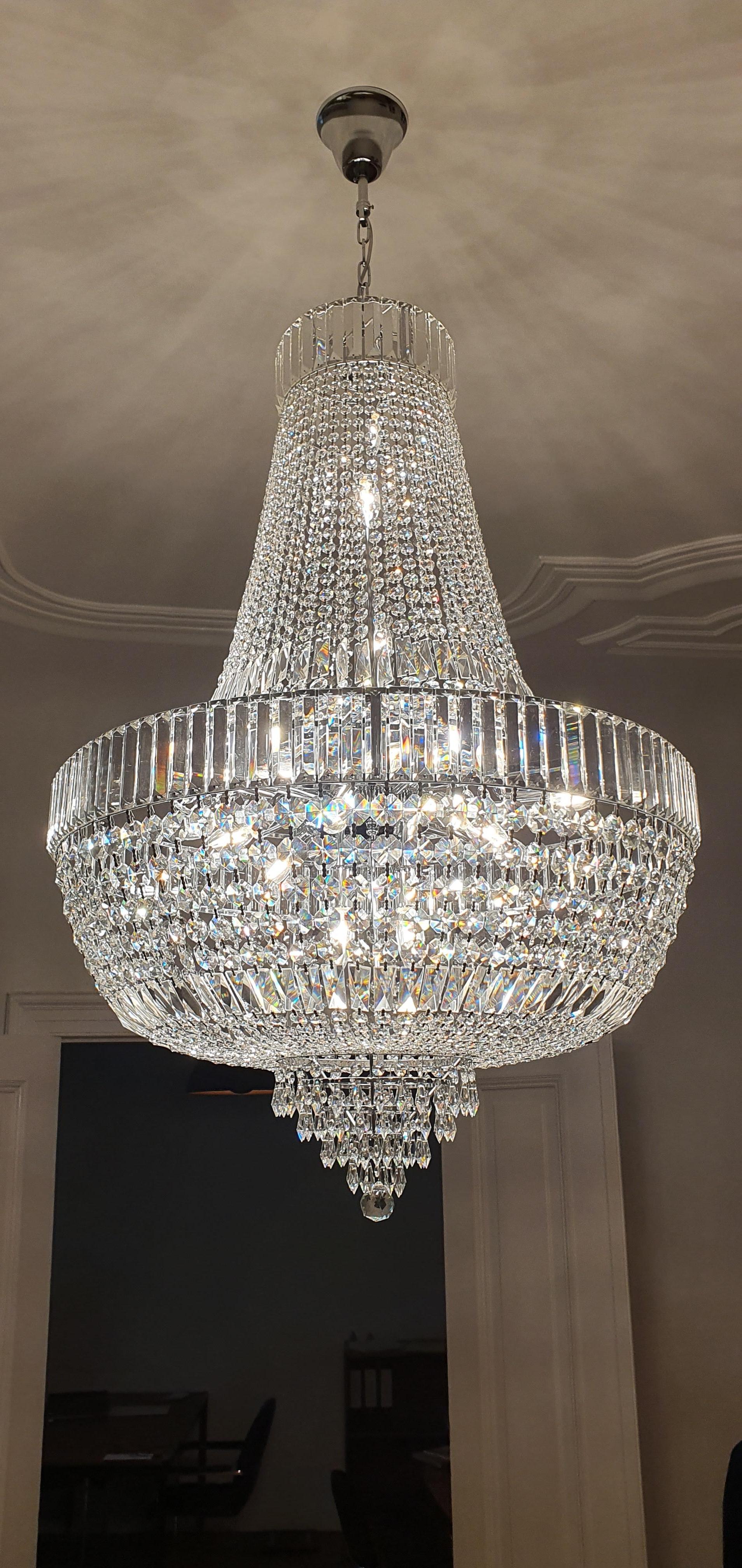 German Crystal Chandelier Empire Sac a Pearl Palace Lamp Chateau Lustre Silver For Sale