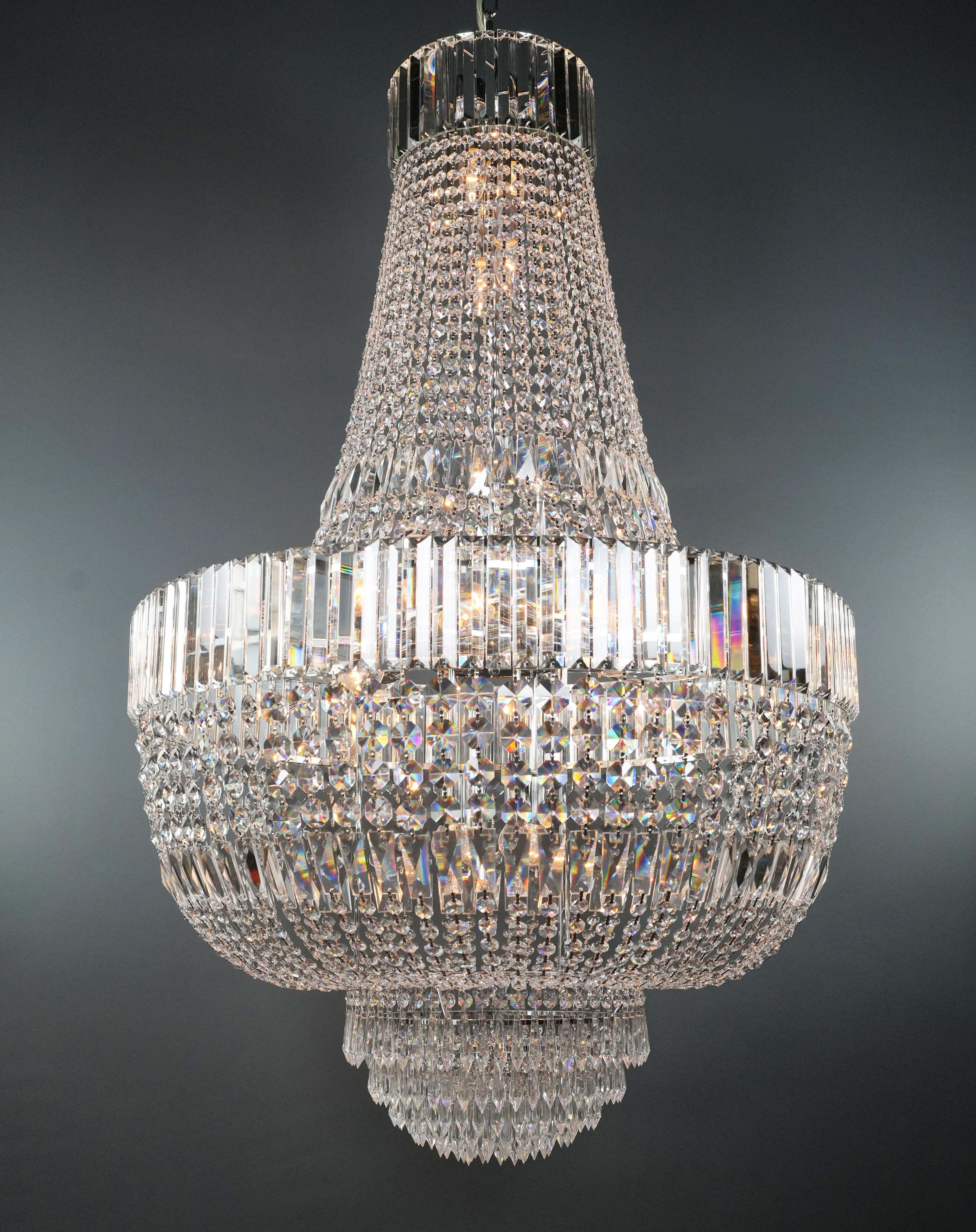 German Art Deco Crystal Chandelier Empire Sac a Pearl Palace Lamp Chrome For Sale