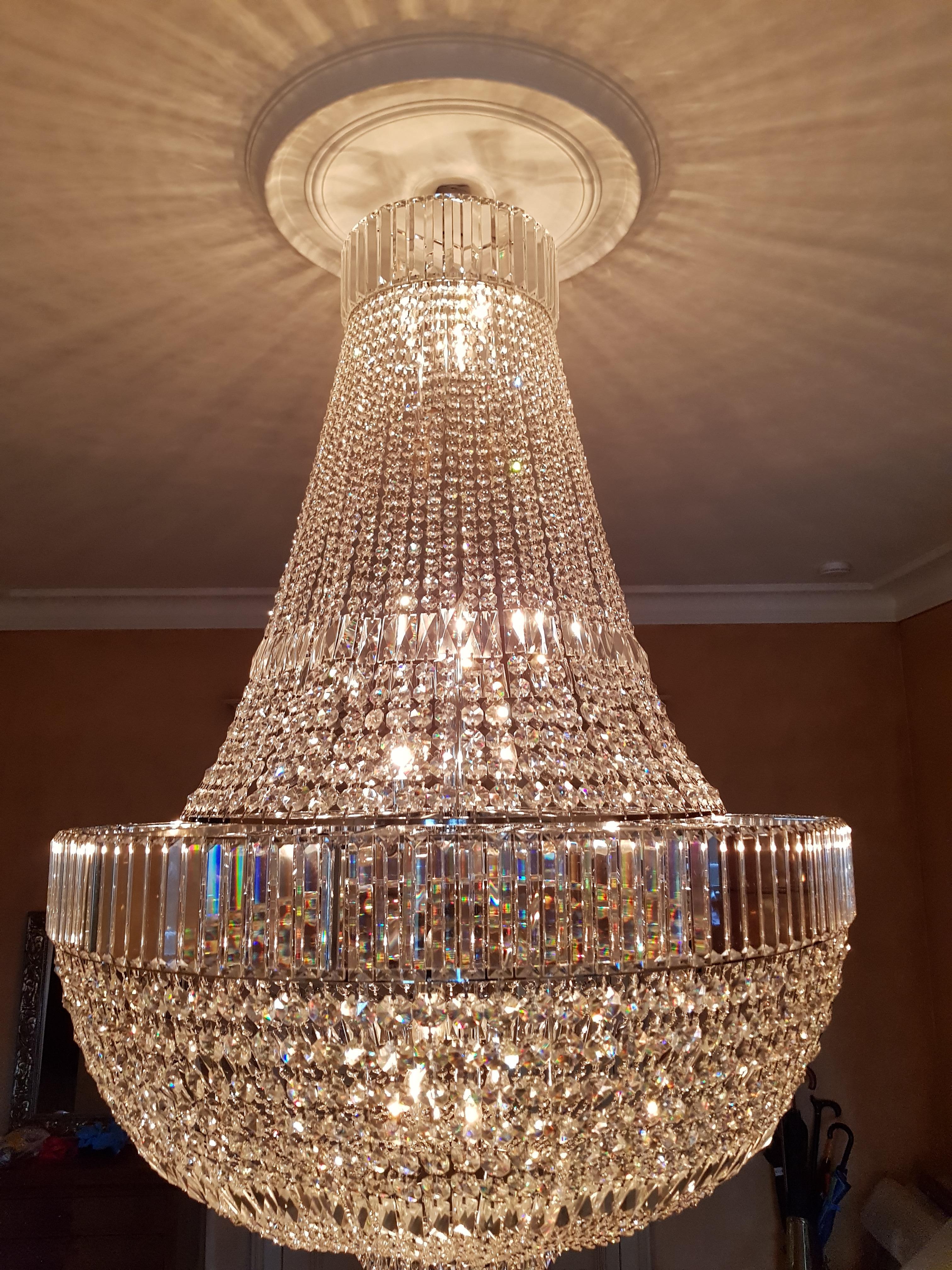 Art Deco Kristall-Kronleuchter Empire Sac a Perlen-Palastlampe Chrom im Angebot 1