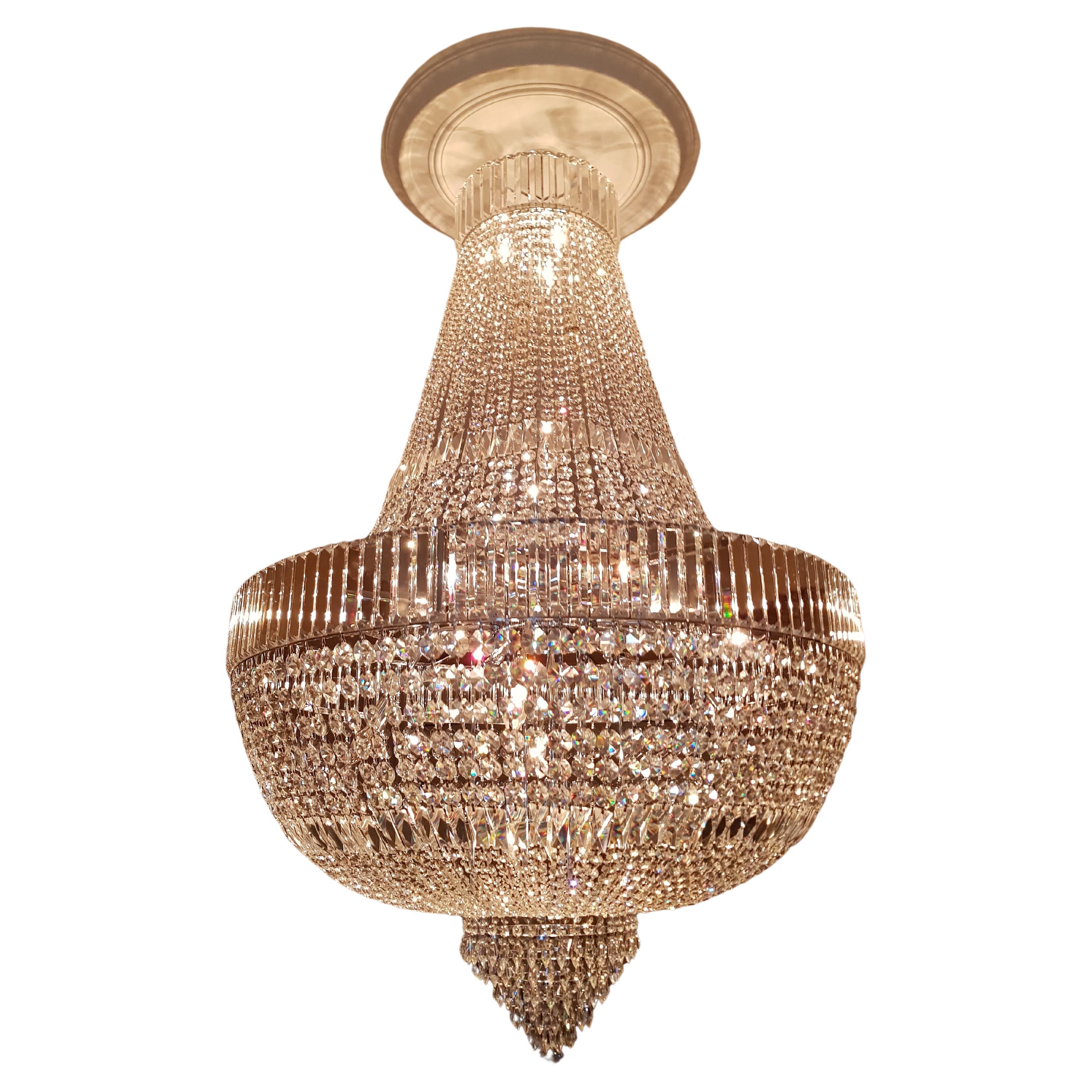 Art Deco Kristall-Kronleuchter Empire Sac a Perlen-Palastlampe Chrom