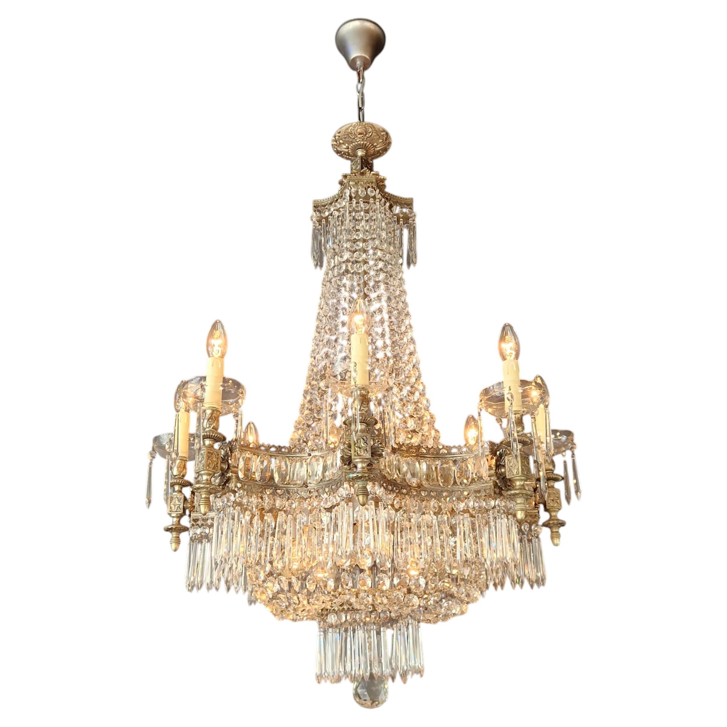 Art Deco Crystal Chandelier Silver Serpentine Form Restored Antique Brass