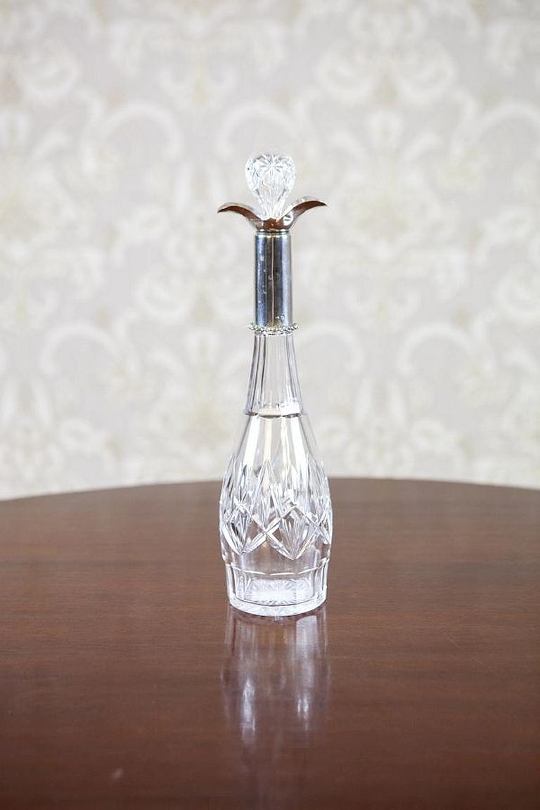 Art Deco Crystal Decanter From the Early 20th Century with Silver Neck In Good Condition In Opole, PL