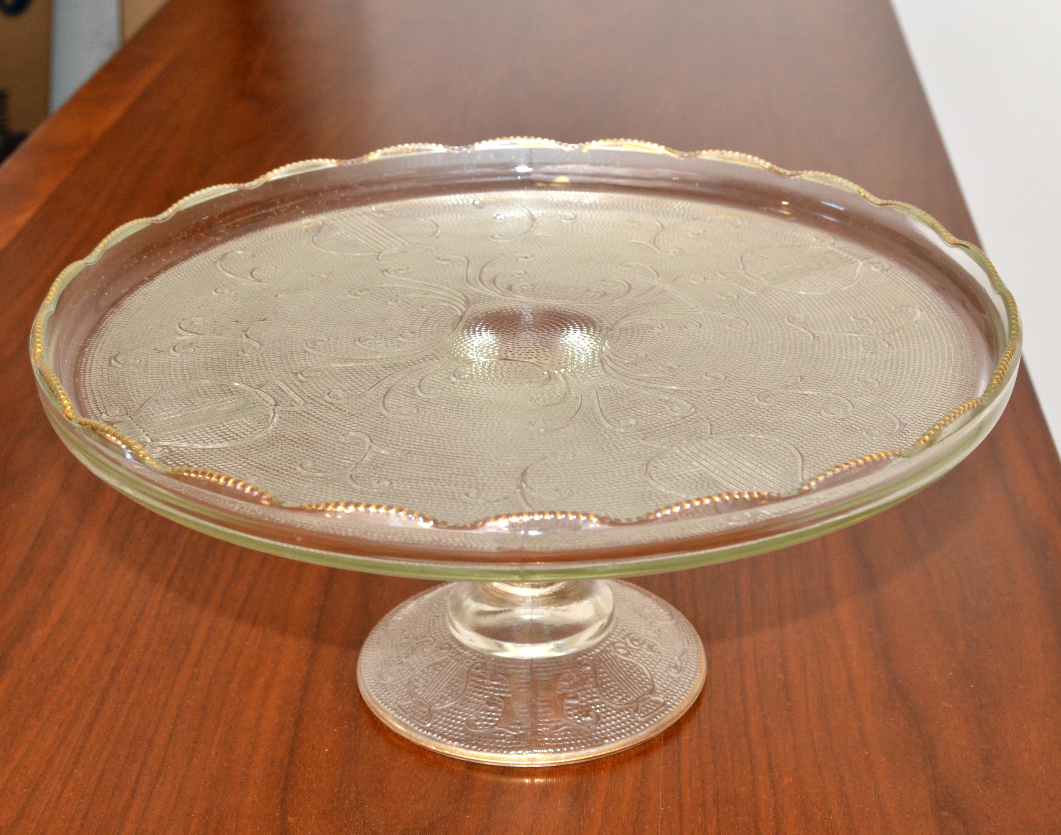 Art Deco Crystal Gold Ruffled Edge Pedestal Cake Stand Musical Instruments 1950s For Sale 2