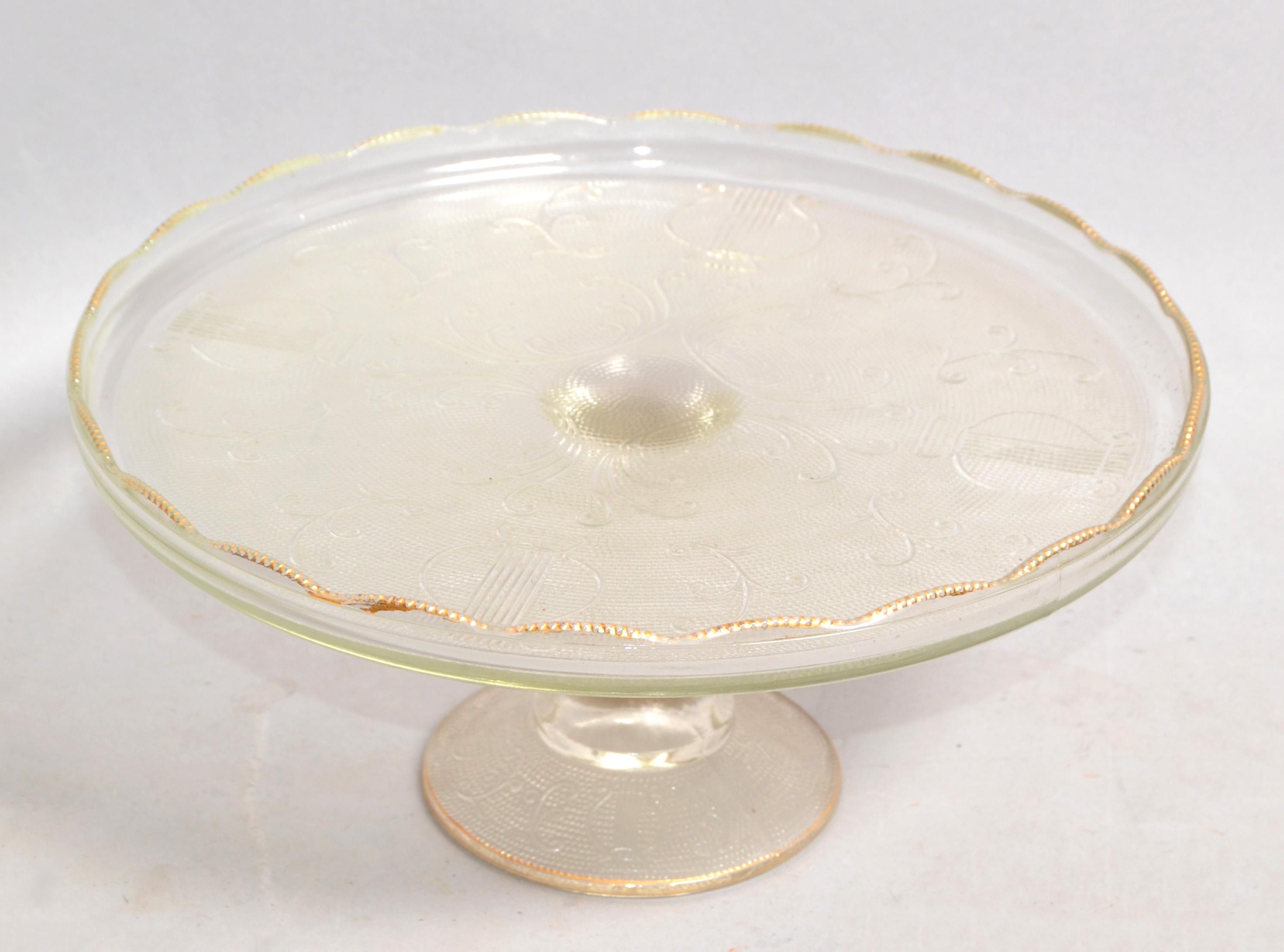 Art Deco Crystal Gold Ruffled Edge Pedestal Cake Stand Musical Instruments 1950s For Sale 5