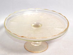 Art Deco Crystal Gold Ruffled Edge Pedestal Cake Stand Musical Instruments 1950s