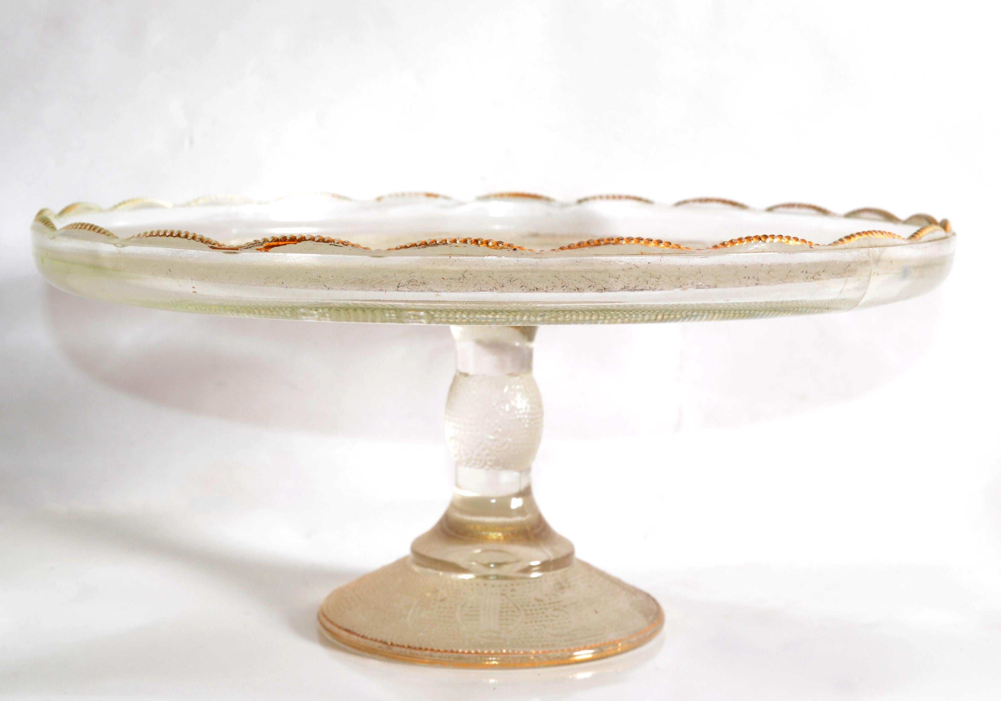 glass cake stand with gold trim