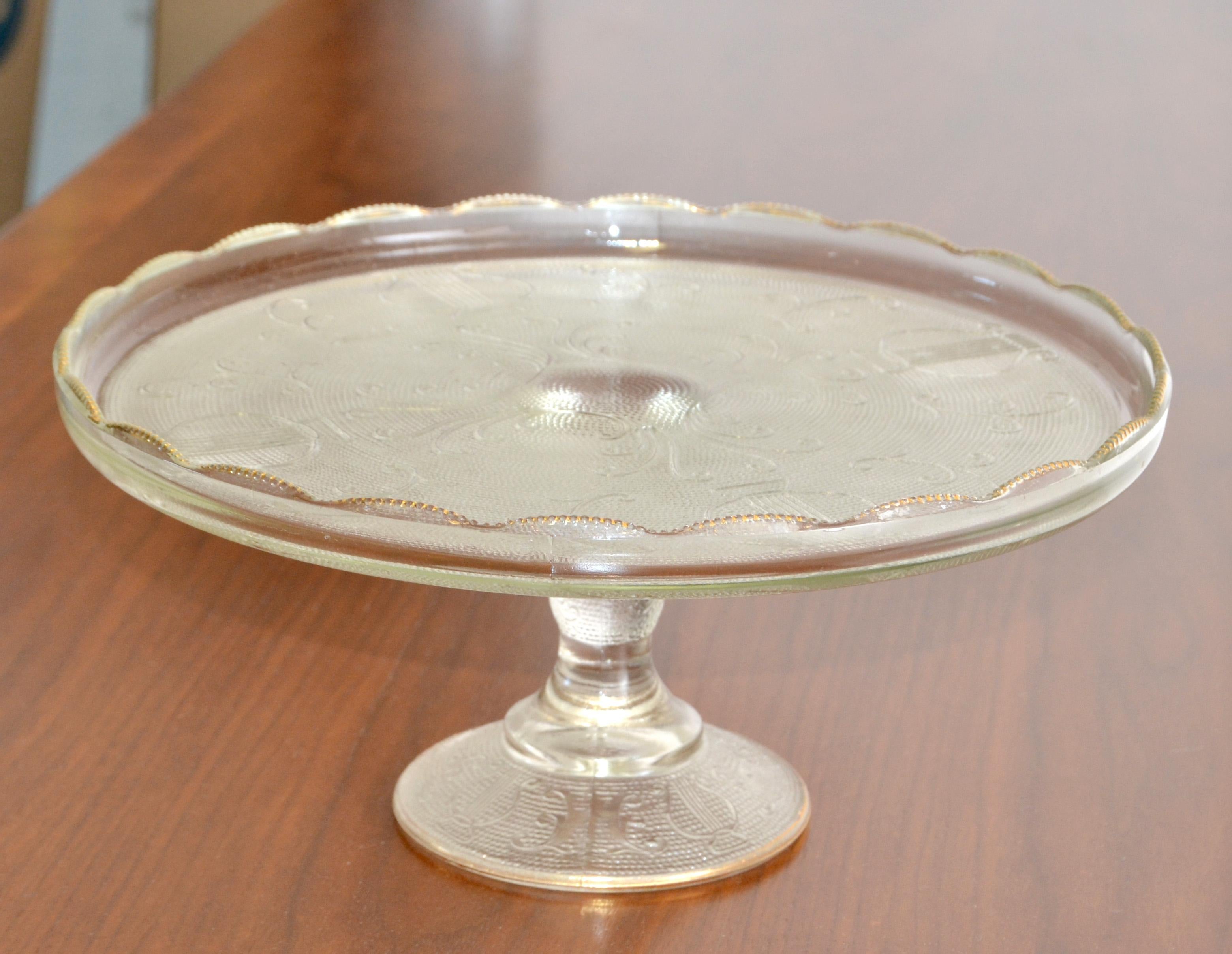 Art Deco Crystal Gold Ruffled Edge Pedestal Cake Stand Musical Instruments 1950s For Sale 1