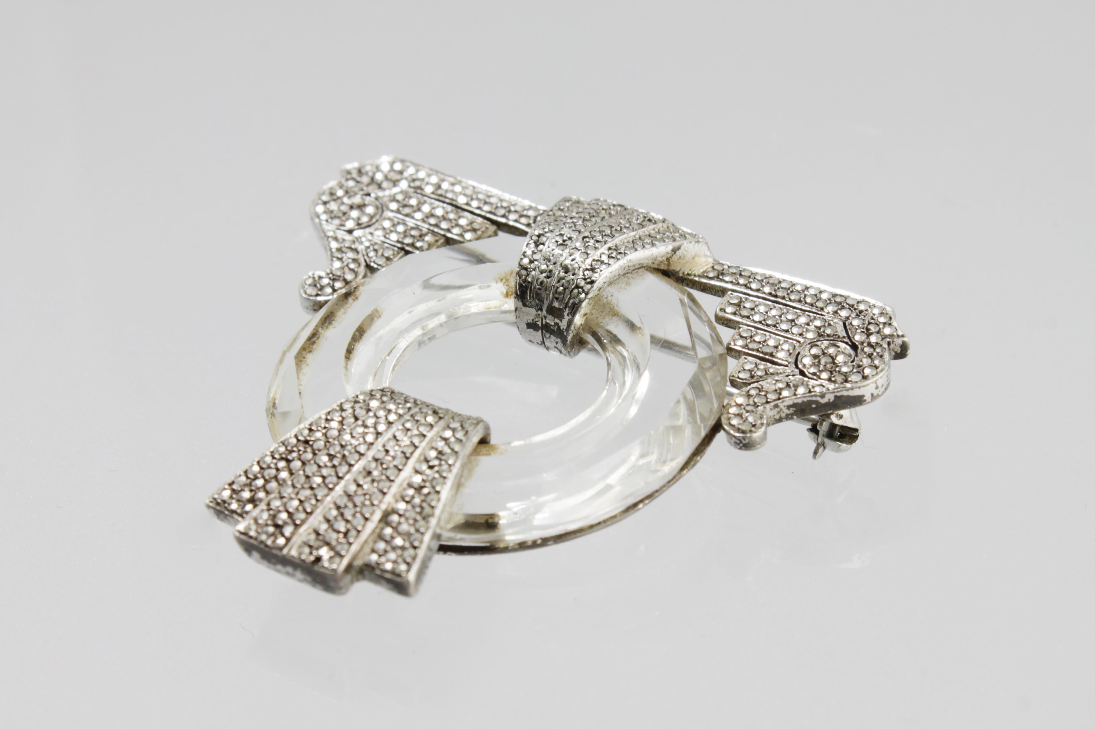 Women's or Men's Art Deco Crystal Marcasite Brooch For Sale