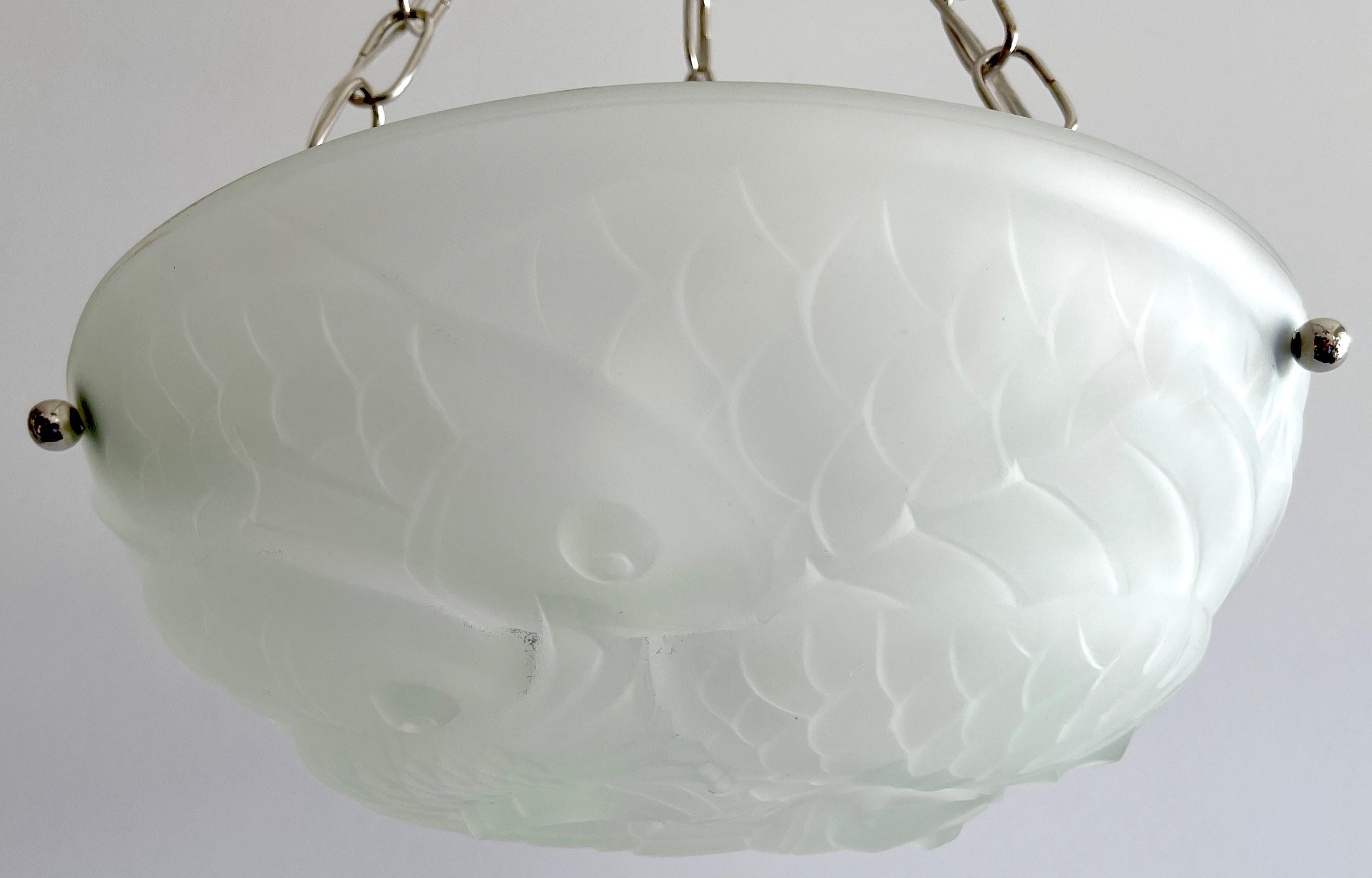 Art Glass Lalique Style Art Deco Crystal 'Poisson' Chandelier, by Verlys, Five Available For Sale