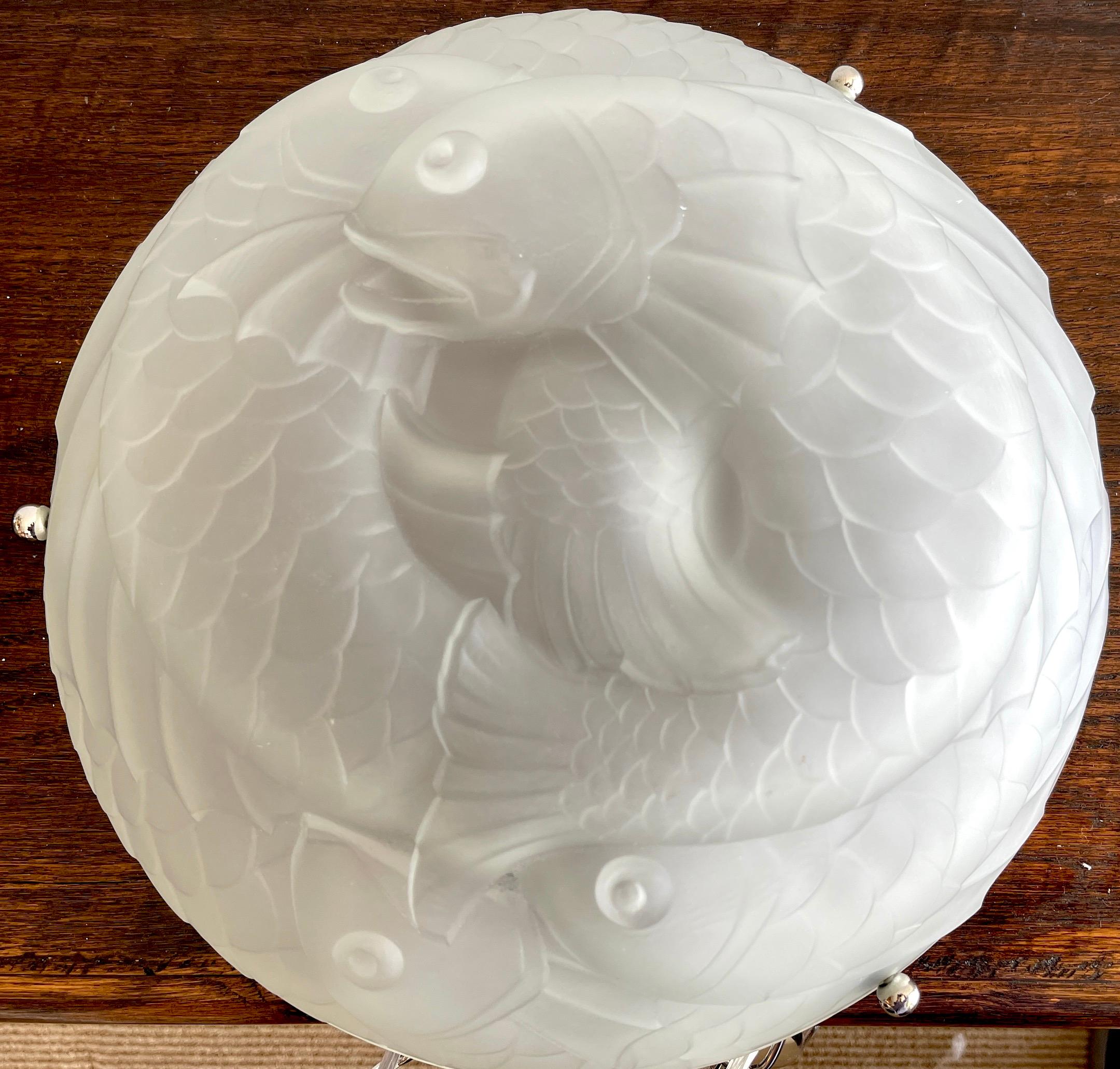 Lalique Style Art Deco Crystal 'Poisson' Chandelier, by Verlys, Five Available For Sale 1