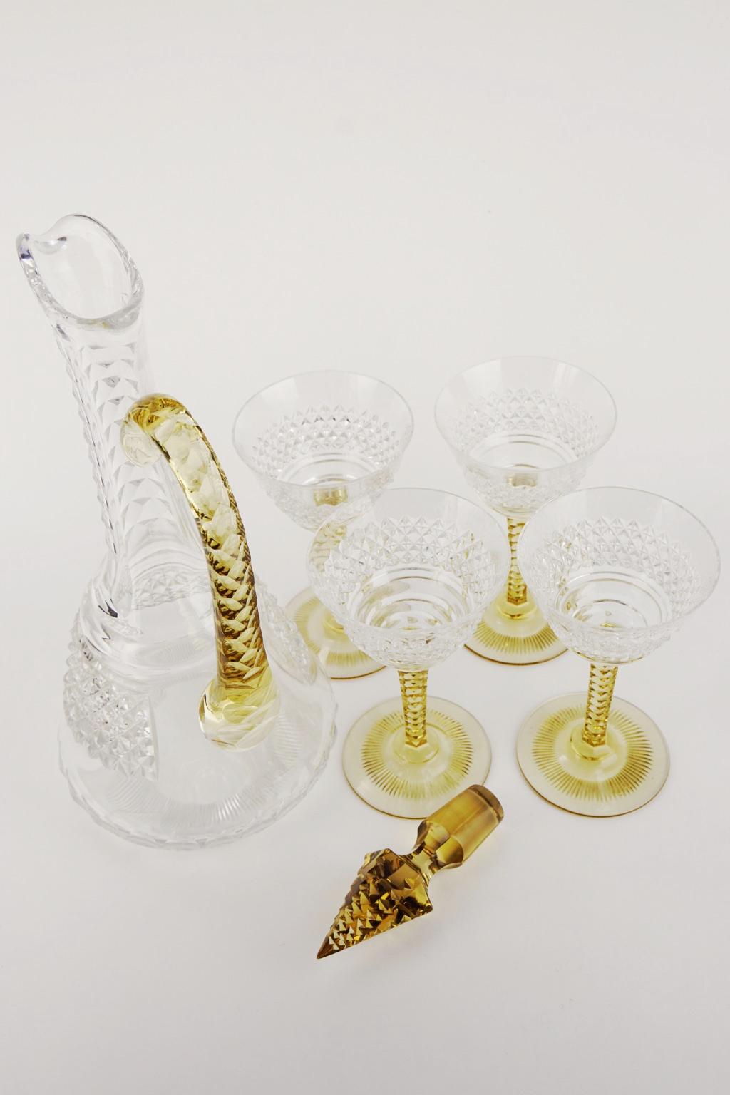Art Deco Crystal Topaz and White Liquor Service Decanter and Glasses For Sale 5