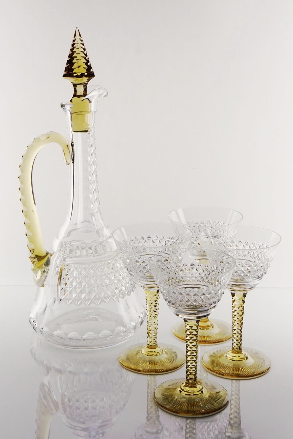 Art Deco Crystal Topaz and White Liquor Service Decanter and Glasses For Sale 6