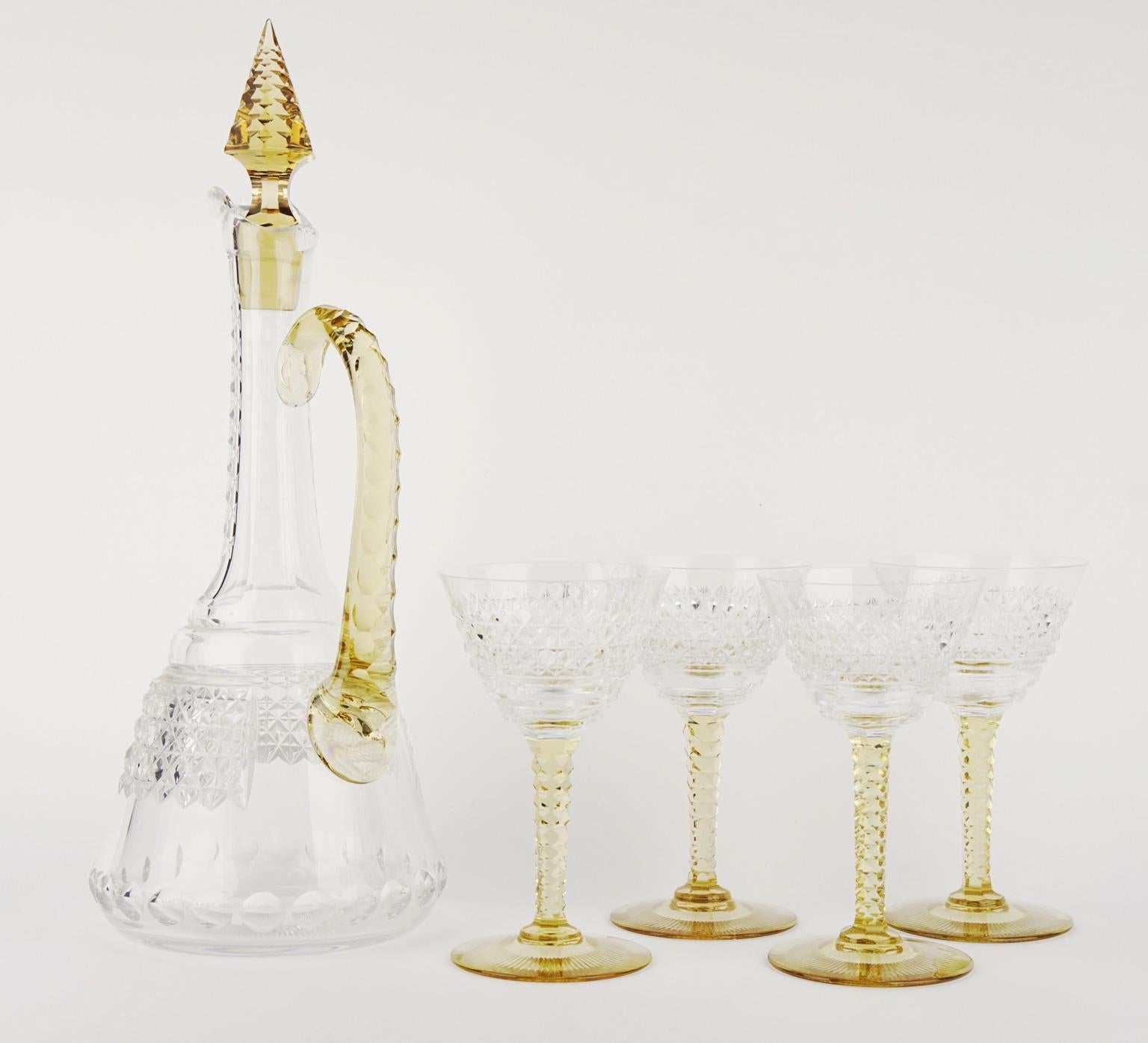 Art Deco Crystal Topaz and White Liquor Service Decanter and Glasses For Sale 7