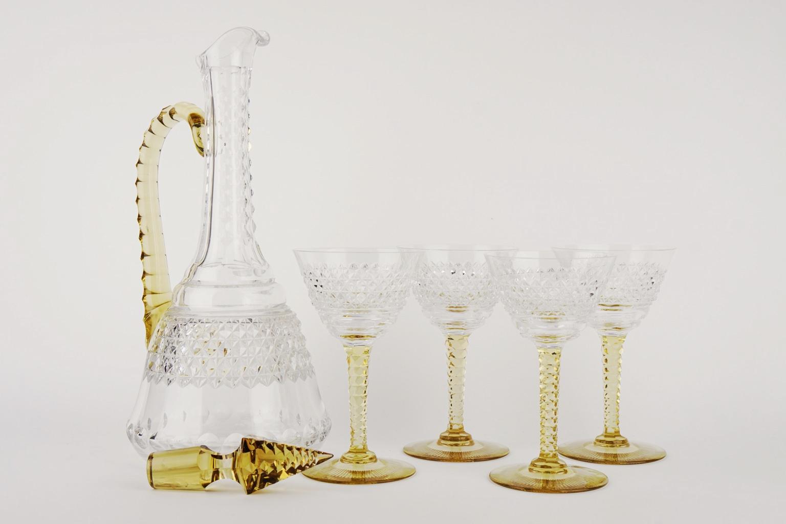 Belgian Art Deco Crystal Topaz and White Liquor Service Decanter and Glasses For Sale