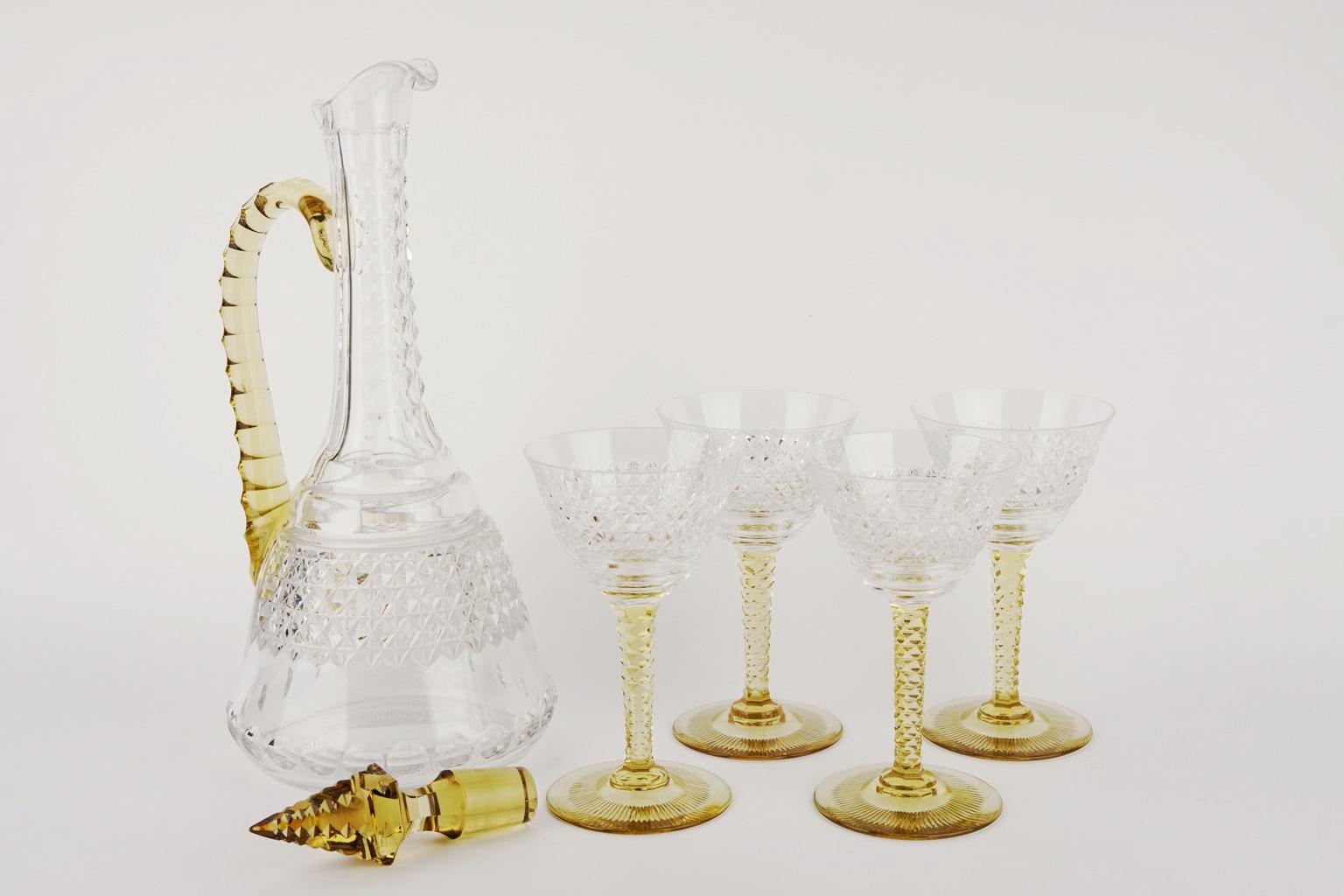 Mid-20th Century Art Deco Crystal Topaz and White Liquor Service Decanter and Glasses For Sale