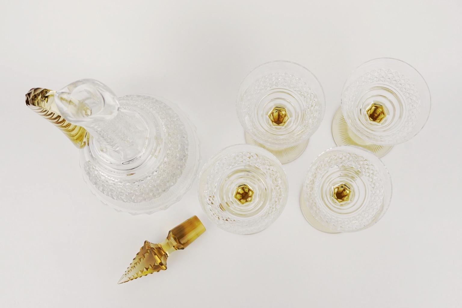 Cut Glass Art Deco Crystal Topaz and White Liquor Service Decanter and Glasses For Sale