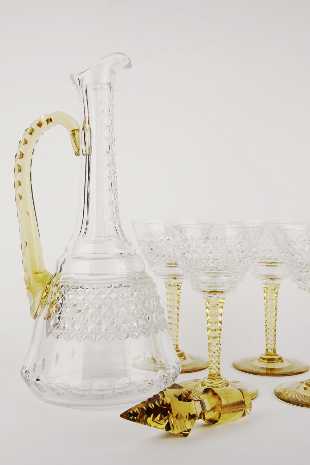 Art Deco Crystal Topaz and White Liquor Service Decanter and Glasses For Sale 1