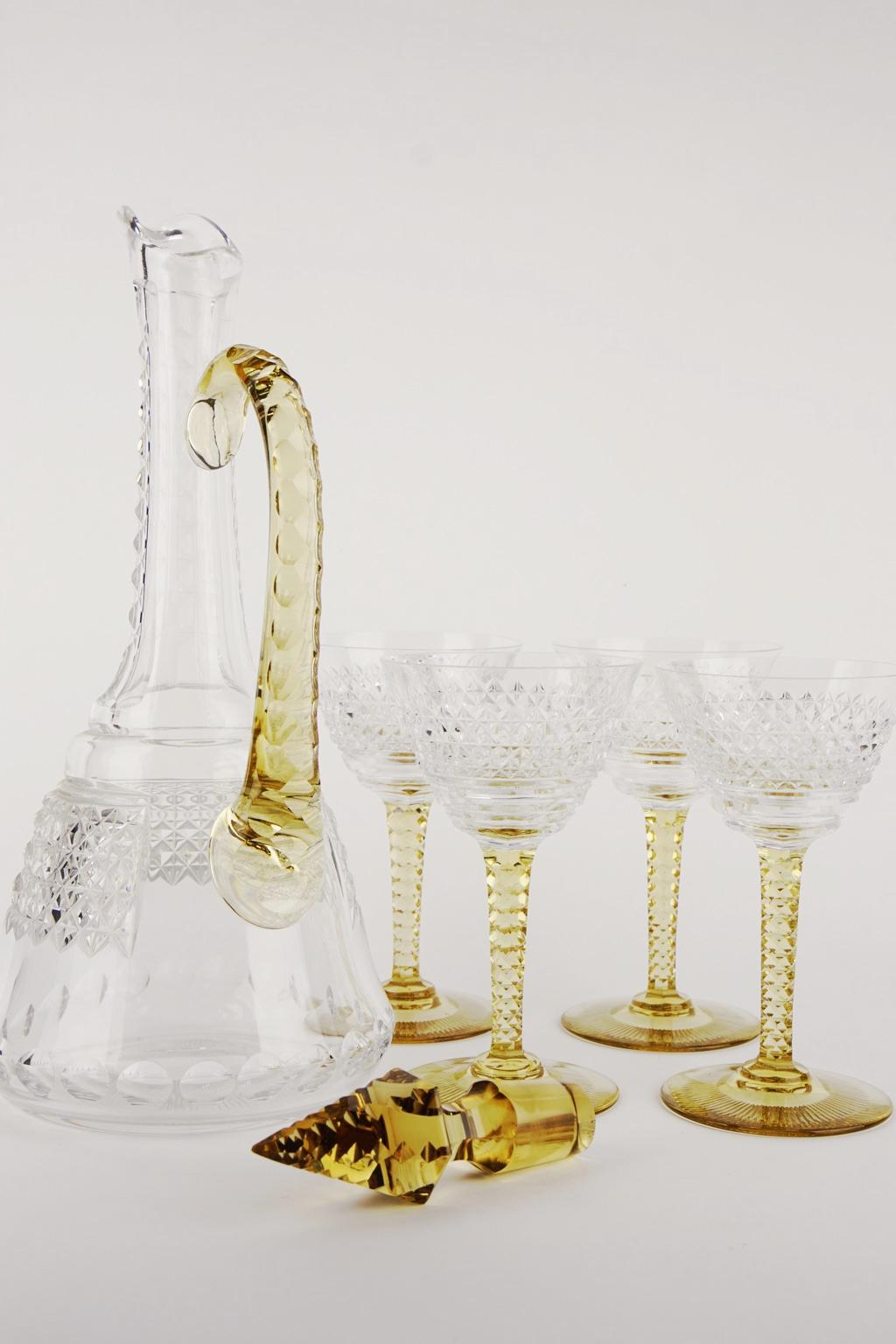 Art Deco Crystal Topaz and White Liquor Service Decanter and Glasses For Sale 2