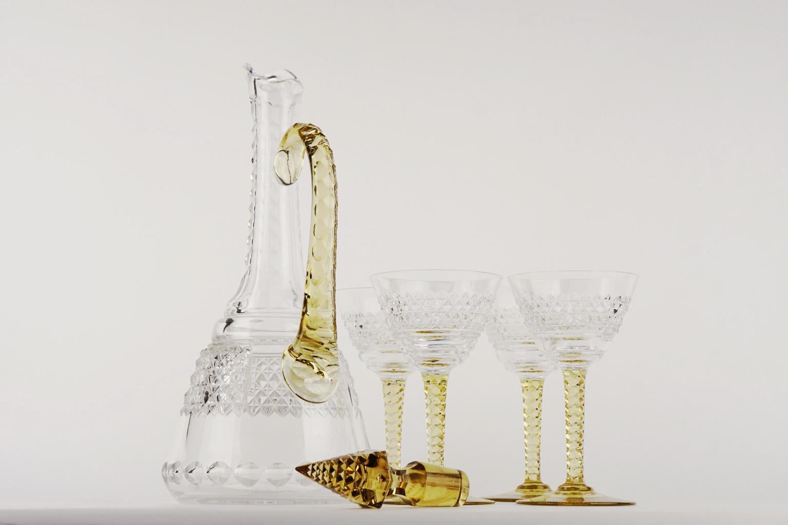 Art Deco Crystal Topaz and White Liquor Service Decanter and Glasses For Sale 3