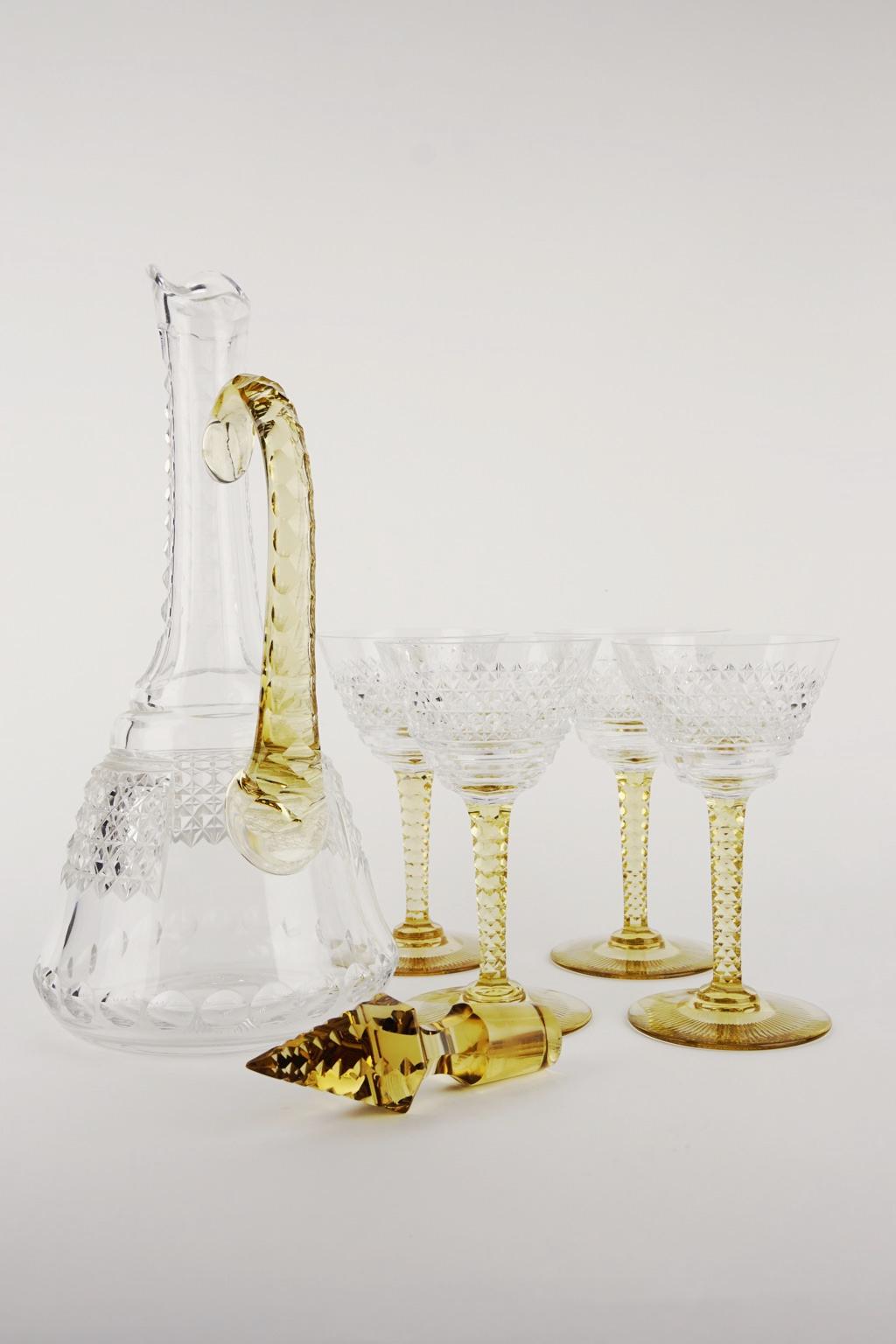 Art Deco Crystal Topaz and White Liquor Service Decanter and Glasses For Sale 4