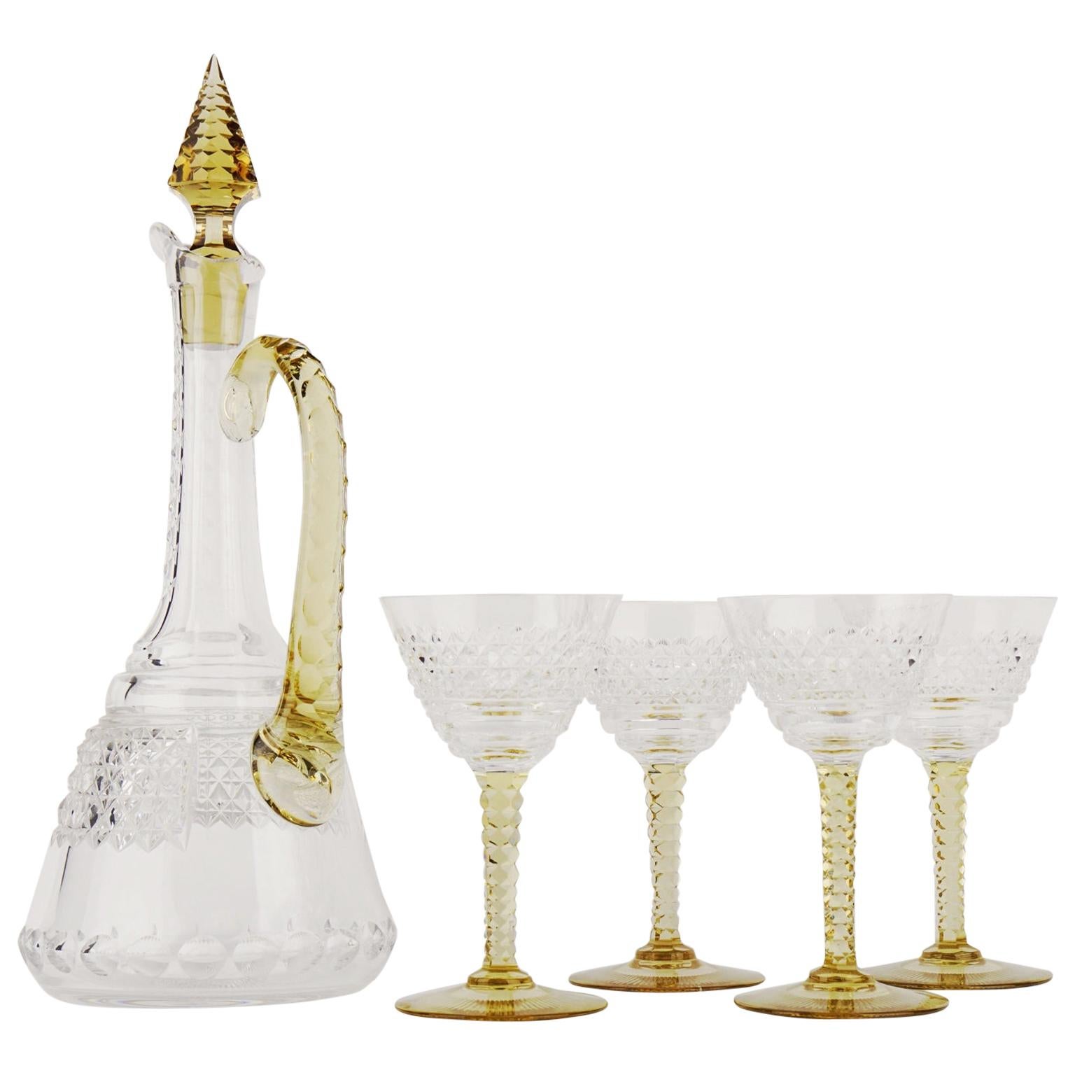 Art Deco Crystal Topaz and White Liquor Service Decanter and Glasses For Sale