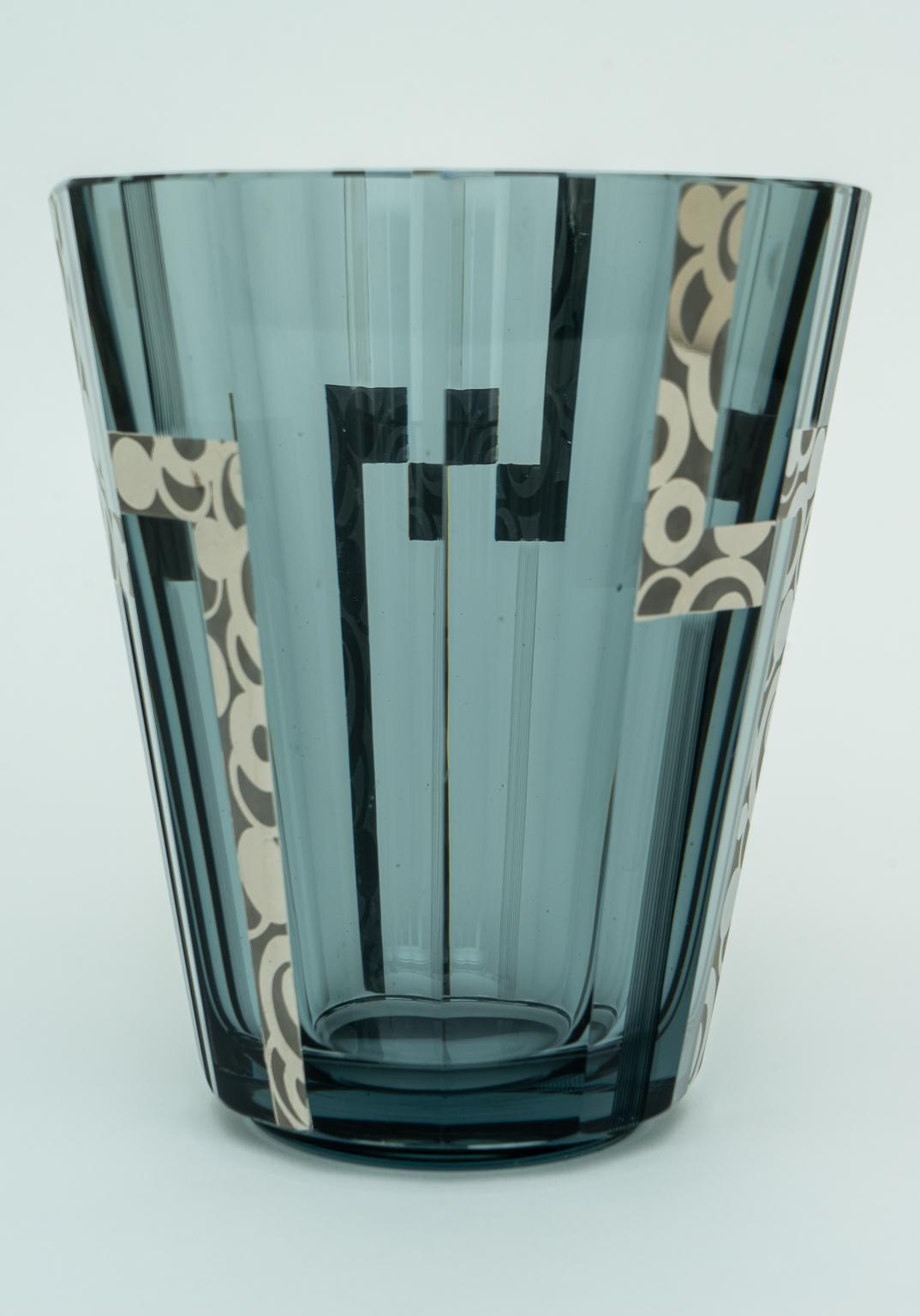German Art Deco Crystal Vase with Silver Overlay