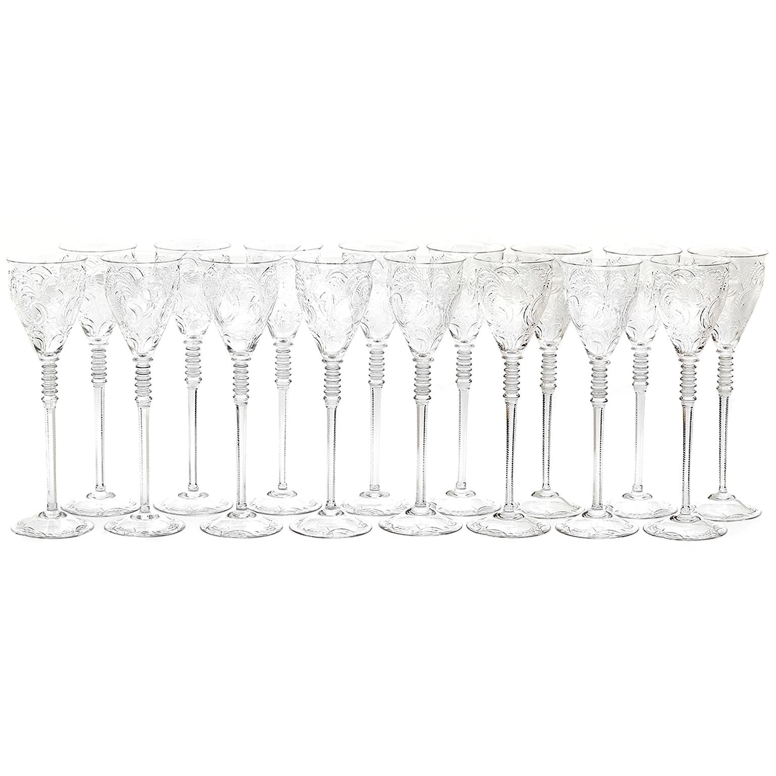 Austrian Art Deco Crystal Water Goblets Set of 16 Extra Tall For Sale