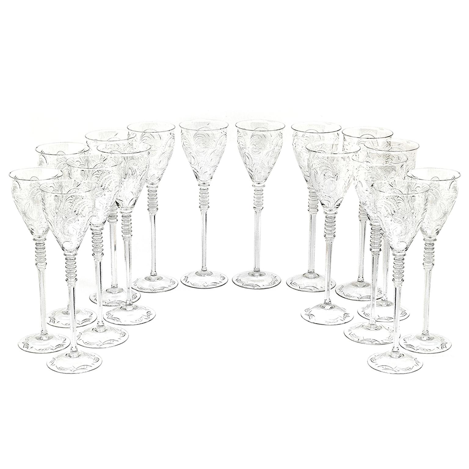 Early 20th Century Art Deco Crystal Water Goblets Set of 16 Extra Tall For Sale
