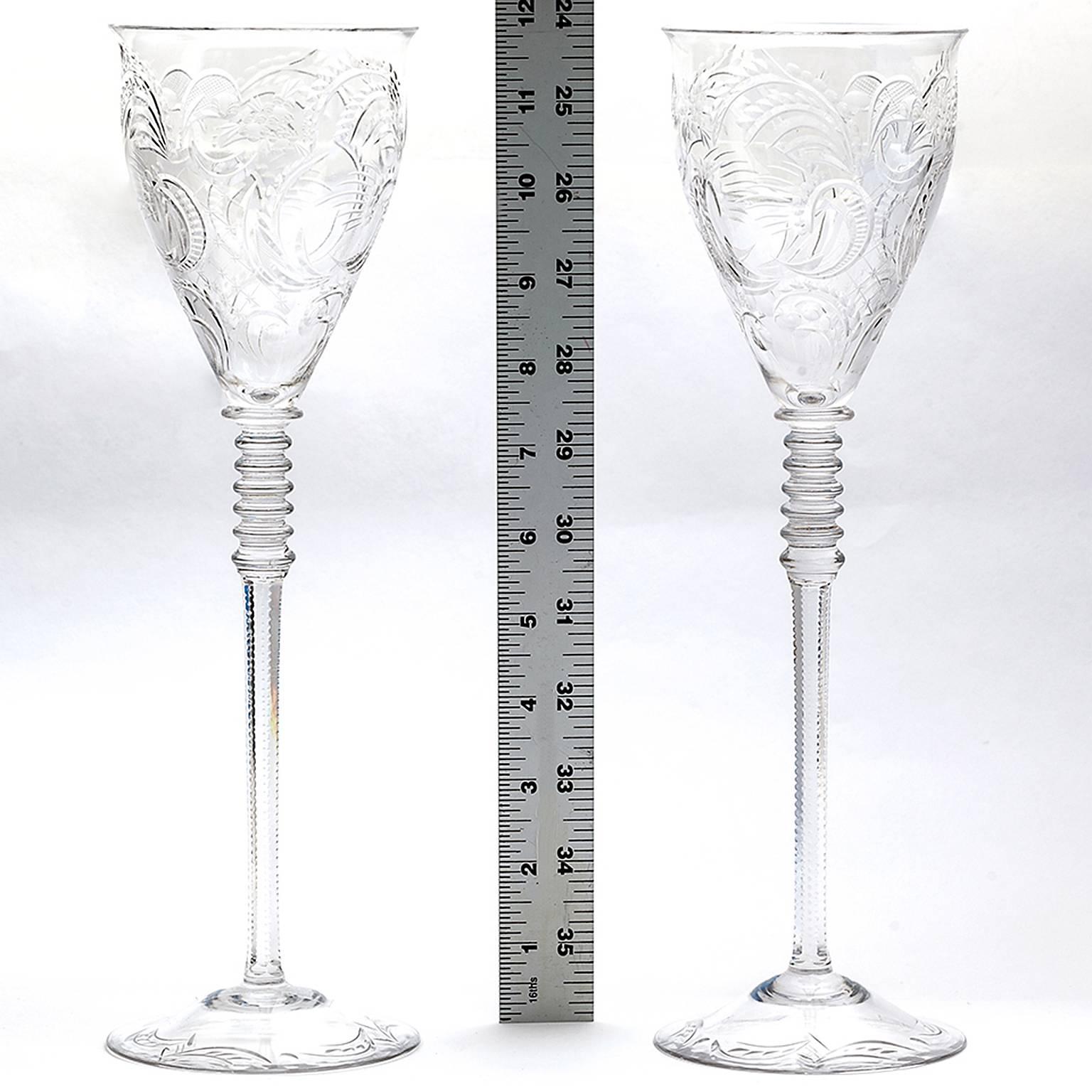 Art Deco Crystal Water Goblets Set of 16 Extra Tall For Sale 2